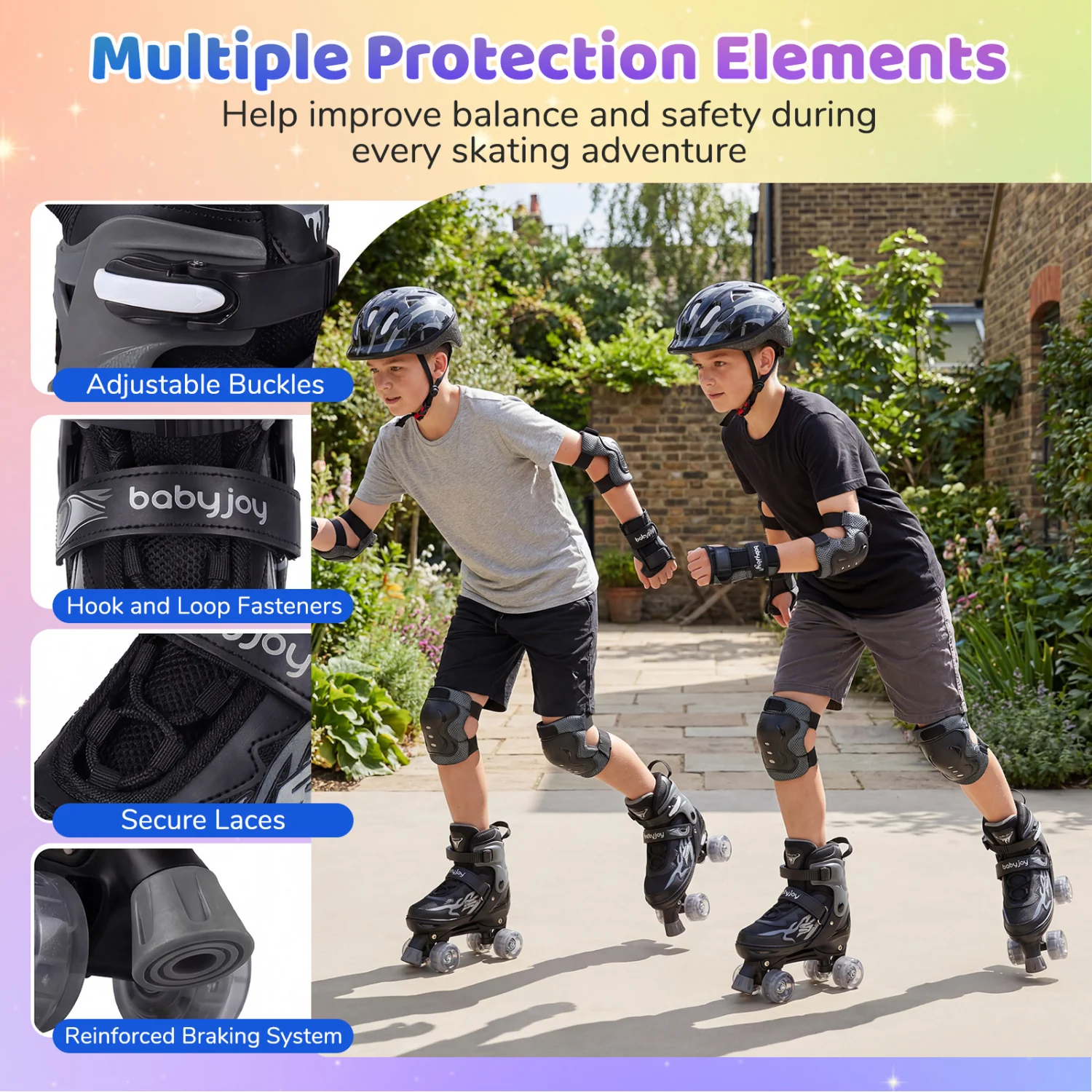 Kids Roller Skates, Adjustable Quad, Light-Up Wheels, Black - Image 9
