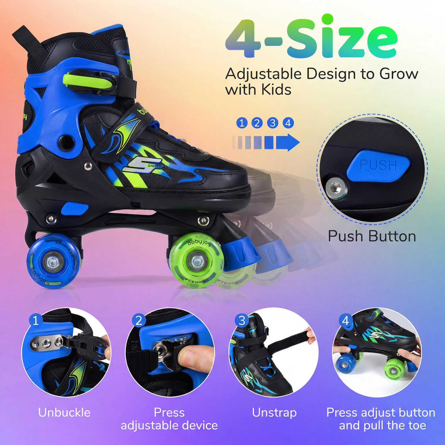 Kids Roller Skates, Adjustable Quad Skates, Light-Up Wheels, Navy - Image 6