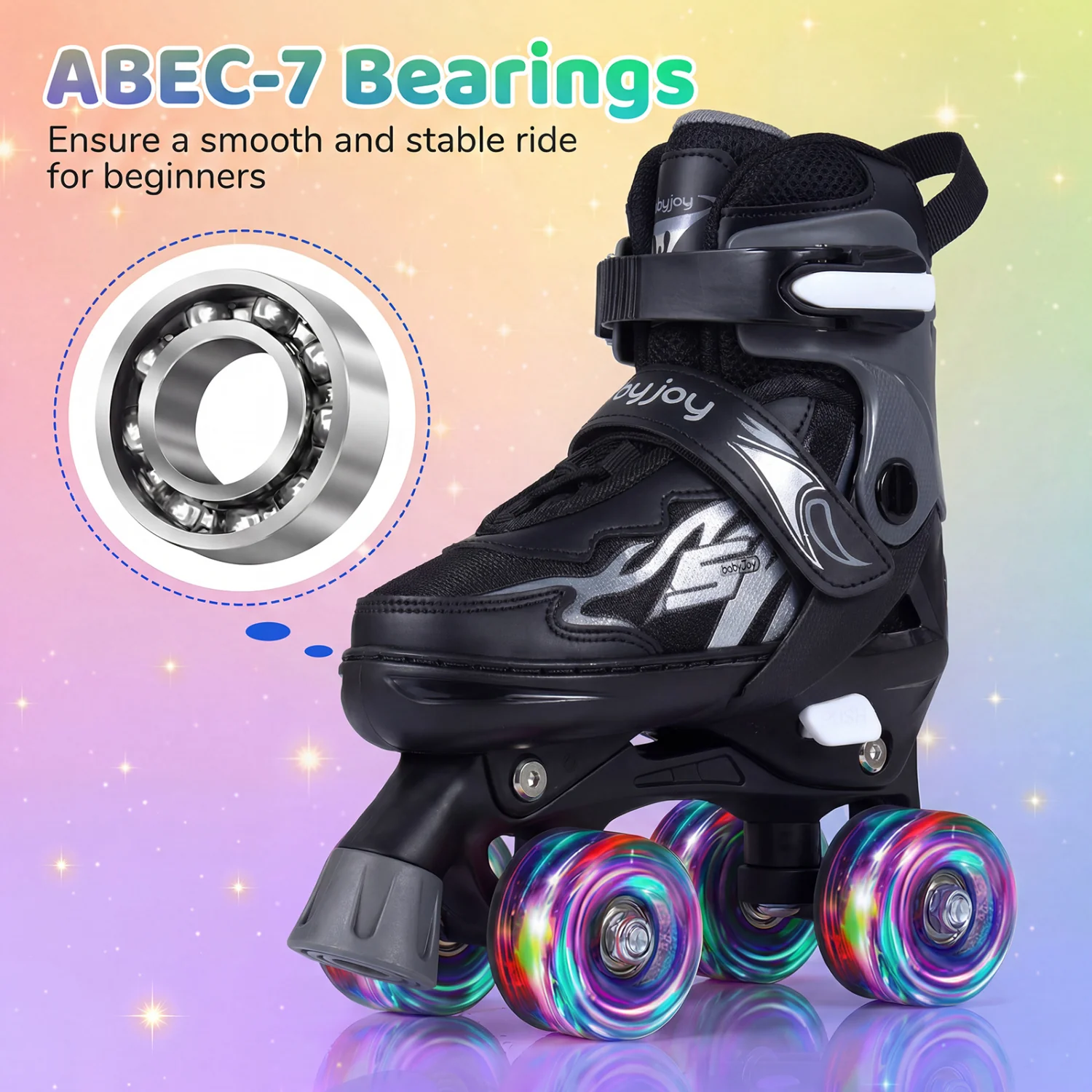 Kids Roller Skates, Adjustable Quad Skates With Light-Up Wheels, 4 Sizes, Black - Image 8