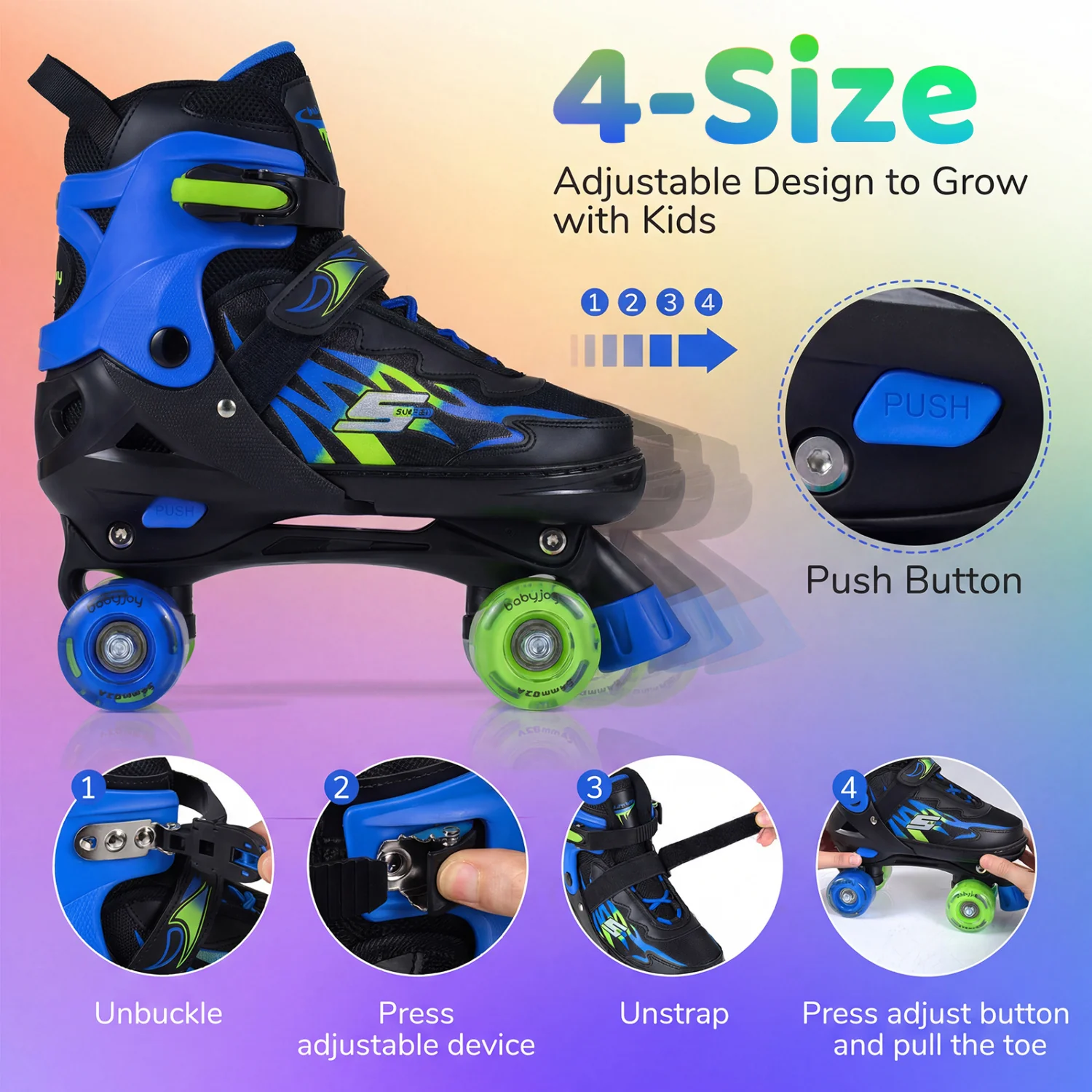 Kids Roller Skates, Adjustable Quad Skates With Light-Up Wheels, Navy - Image 6