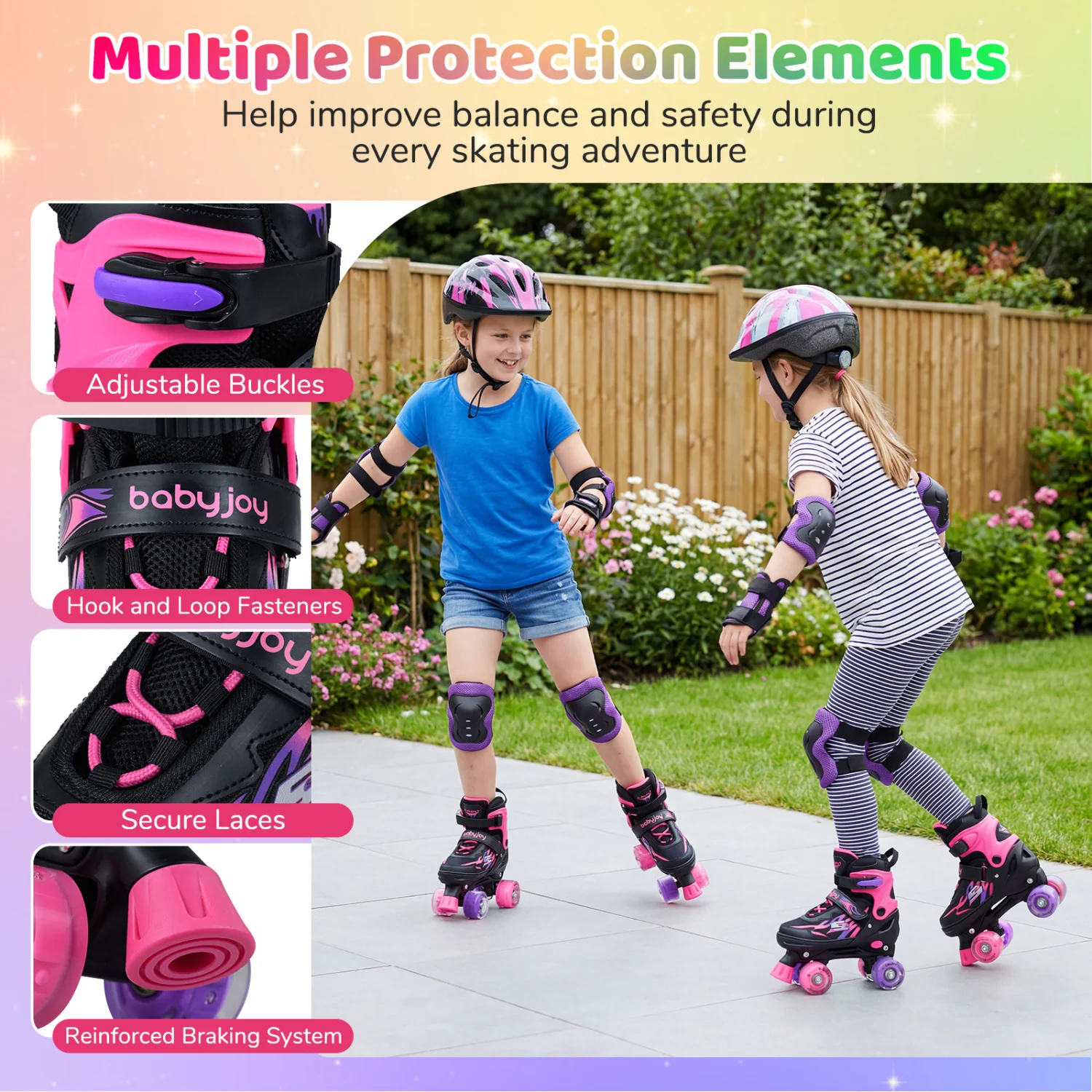 Kids Roller Skates, Adjustable Quad Skates With Light-Up Wheels, 4 Sizes, Pink - Image 9