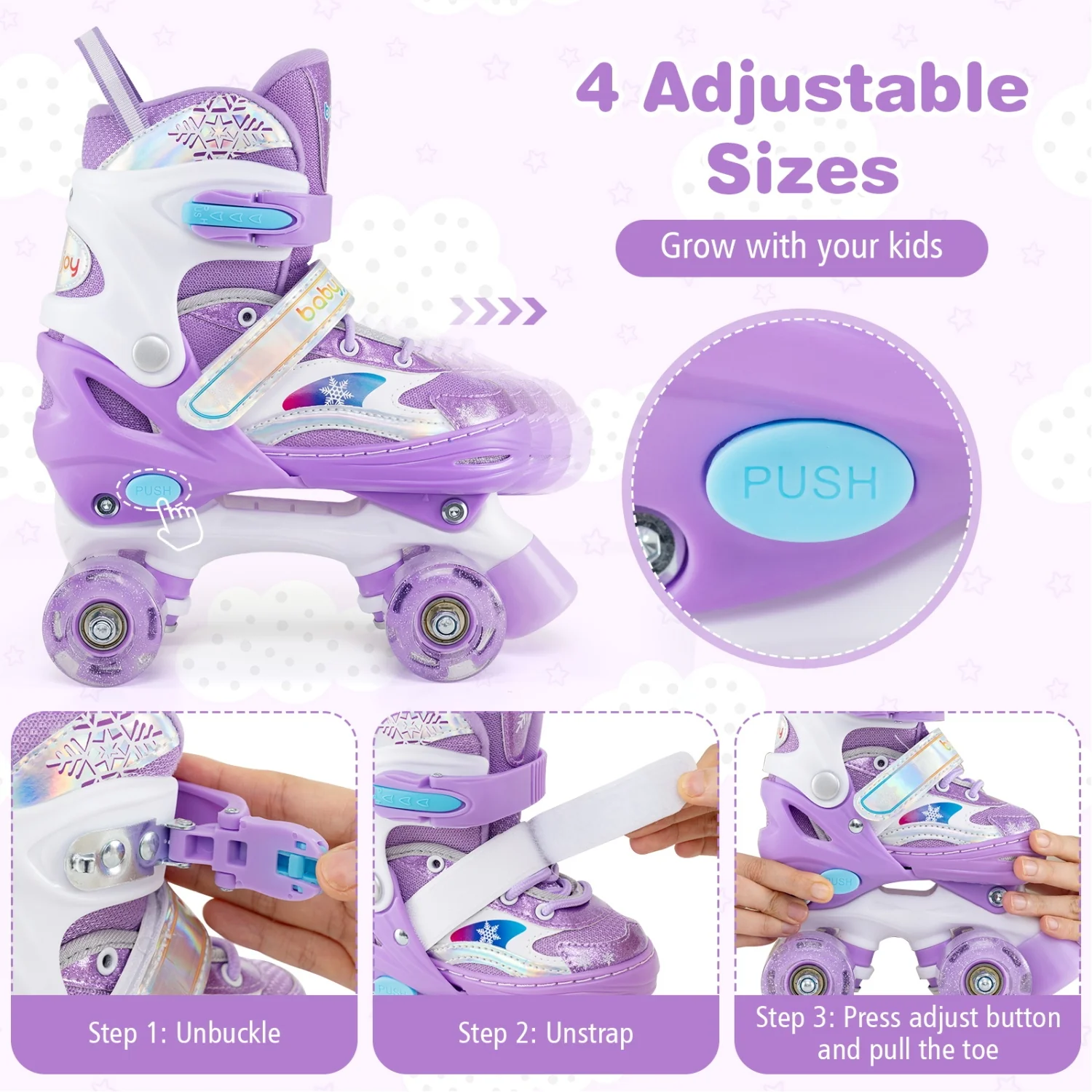 Kids Roller Skates, Light-Up Wheels, Safety Protection, Purple - Image 7