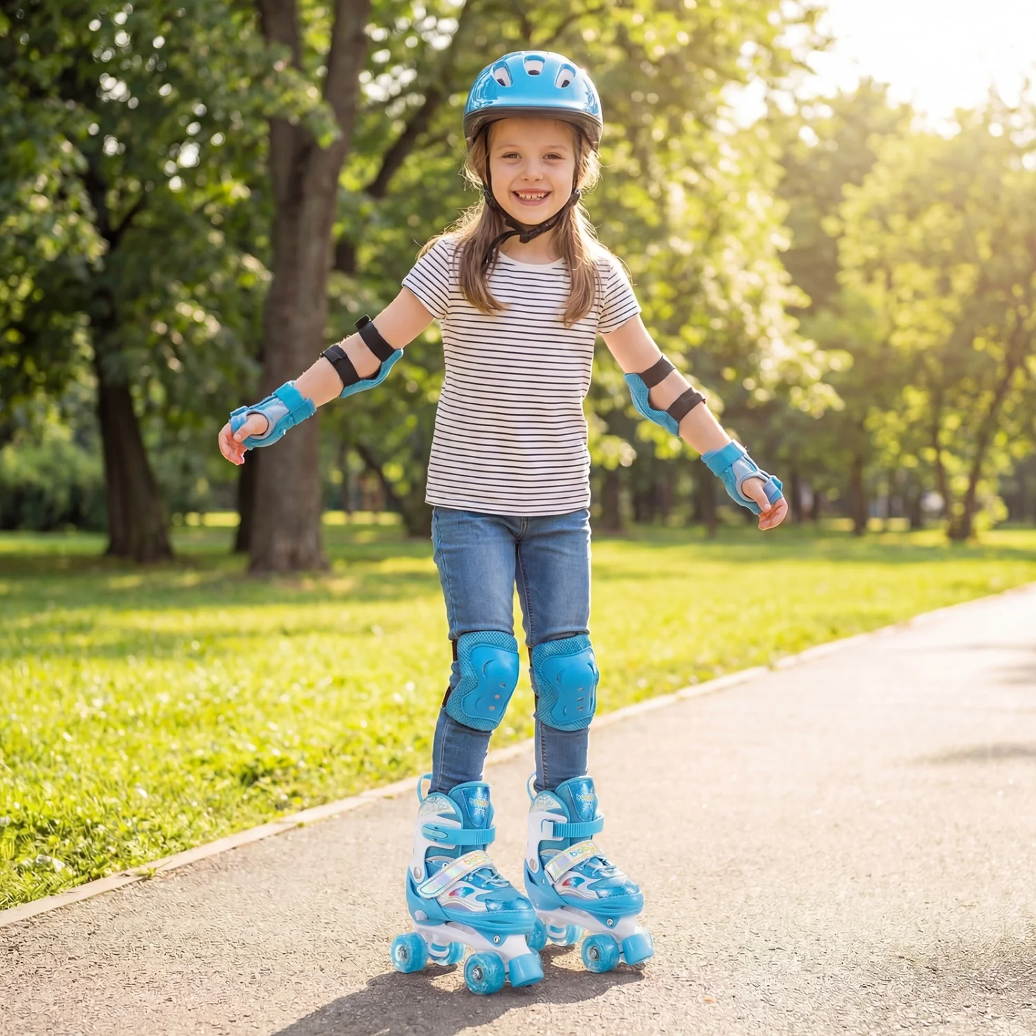 Kids Roller Skates With Light-Up Wheels, Navy - Image 6