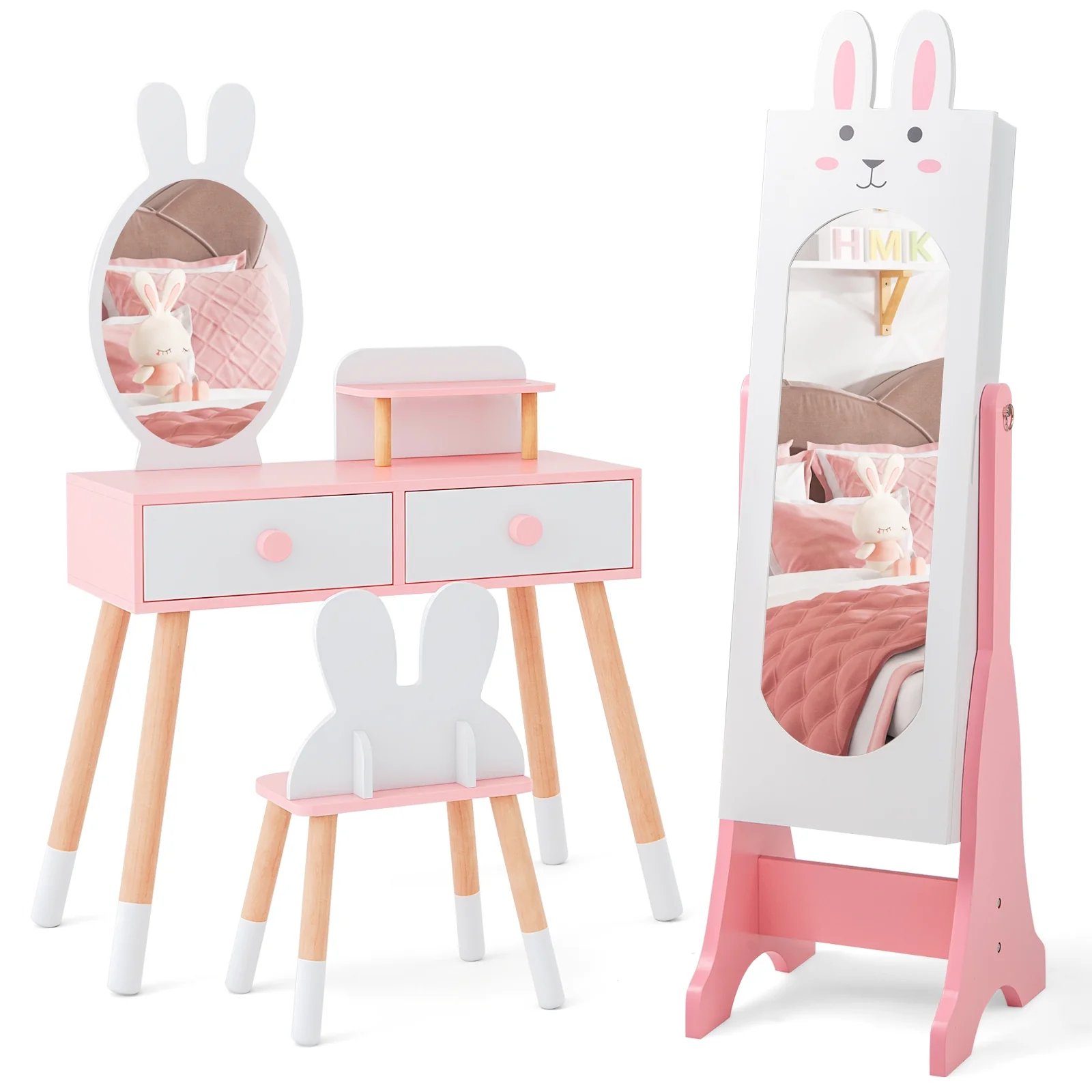 Kids Room Furniture Set, Princess Vanity Table And Chair, White