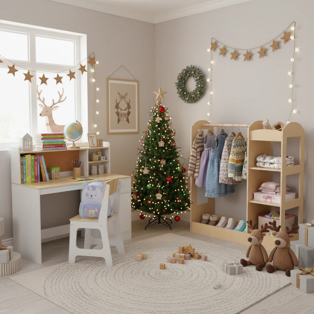 Kids Room Set: Recliner + Natural Study Desk & Chair + 4-ft Christmas Tree + Natural Dress-Up Storage - Image 2