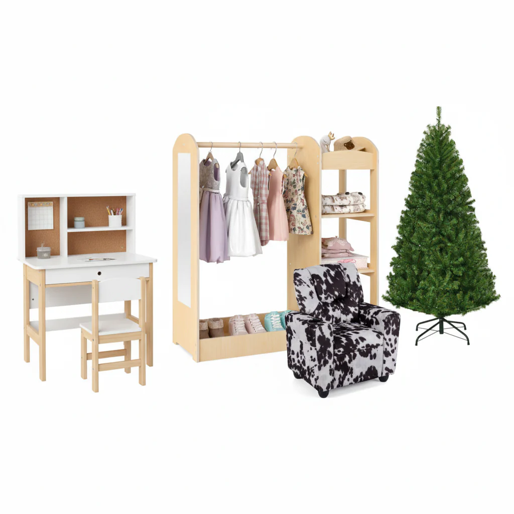 Kids Room Set: Recliner + Natural Study Desk & Chair + 4-ft Christmas Tree + Natural Dress-Up Storage - Image 3