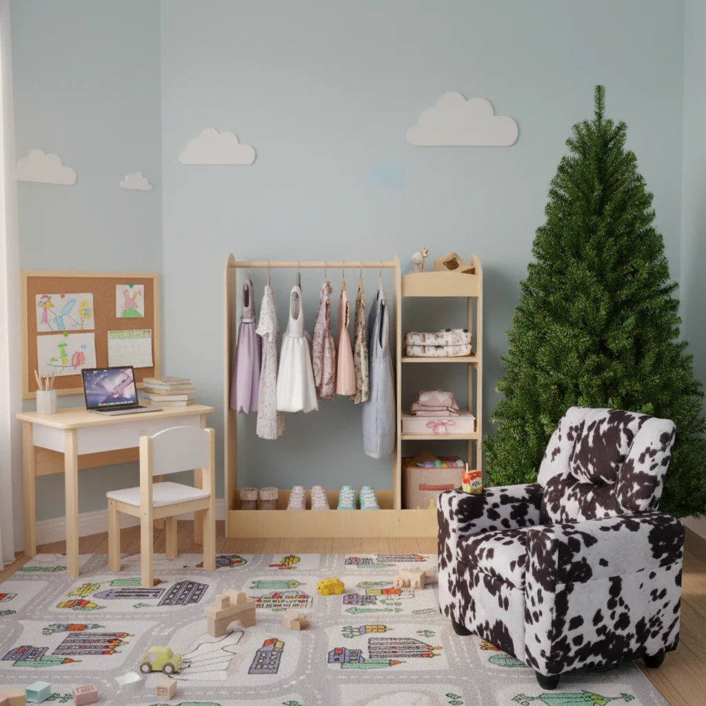 Kids Room Set: Recliner + Natural Study Desk & Chair + 4-ft Christmas Tree + Natural Dress-Up Storage - Image 5