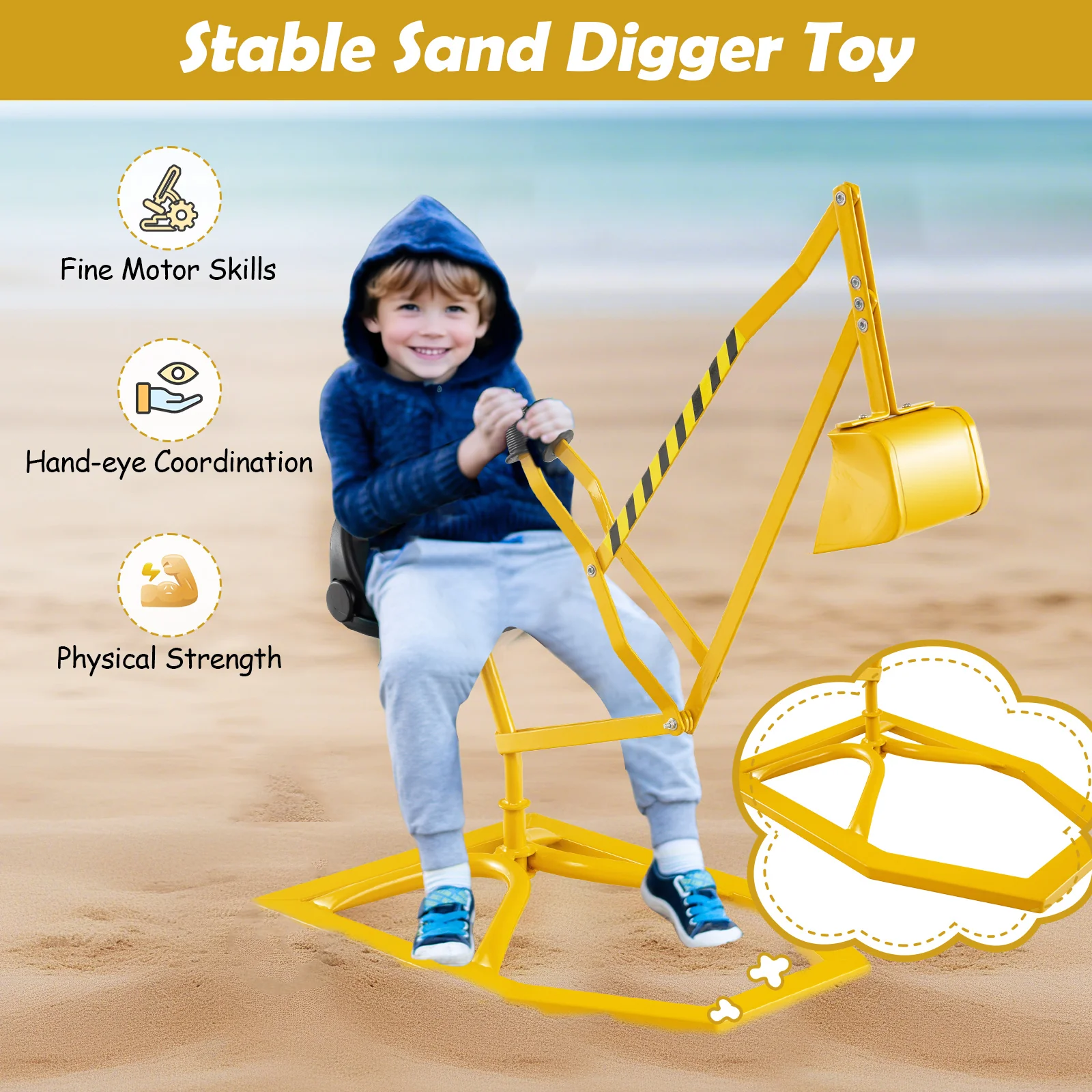 Kids Sandbox Toy Digger, 2-Handed Controls, Flexible Shovel, Yellow - Image 10
