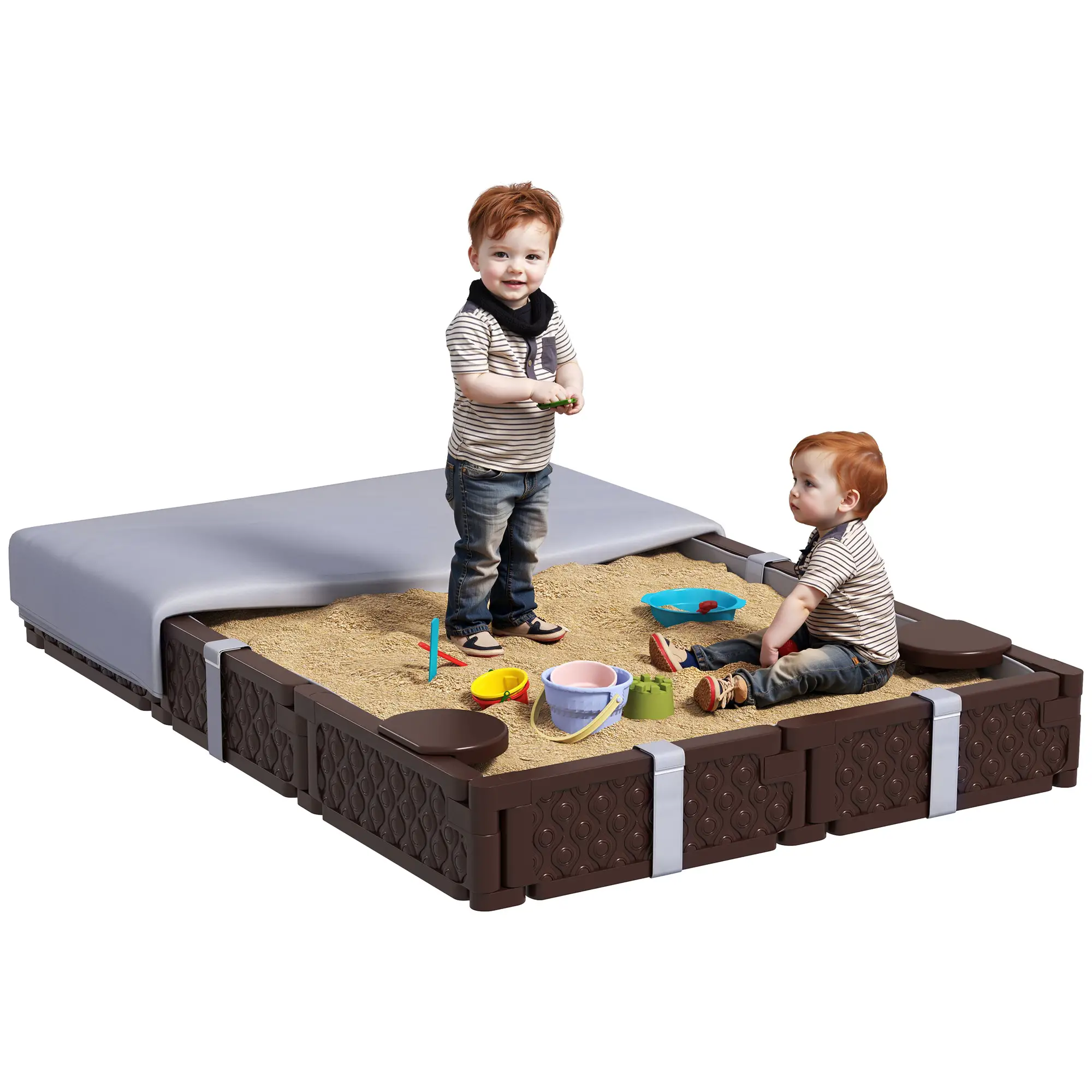 Kids Sandbox With Cover, 4 Corner Seats, 73" x 47" x 9", Dark Brown - Image 11