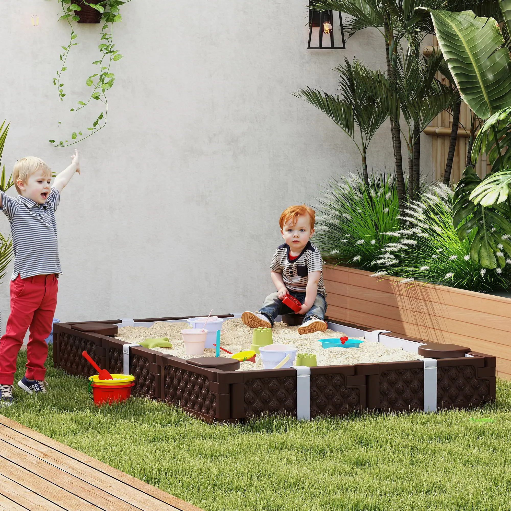 Kids Sandbox With Cover, 4 Corner Seats, 73" x 47" x 9", Dark Brown - Image 2