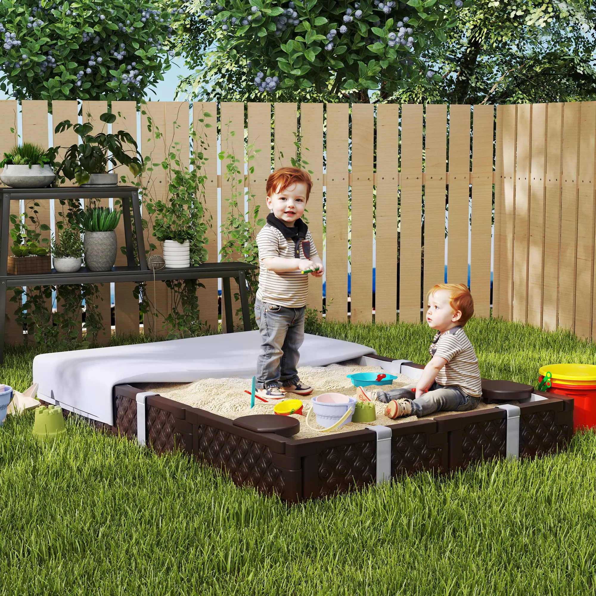 Kids Sandbox With Cover, 4 Corner Seats, 73" x 47" x 9", Dark Brown - Image 8