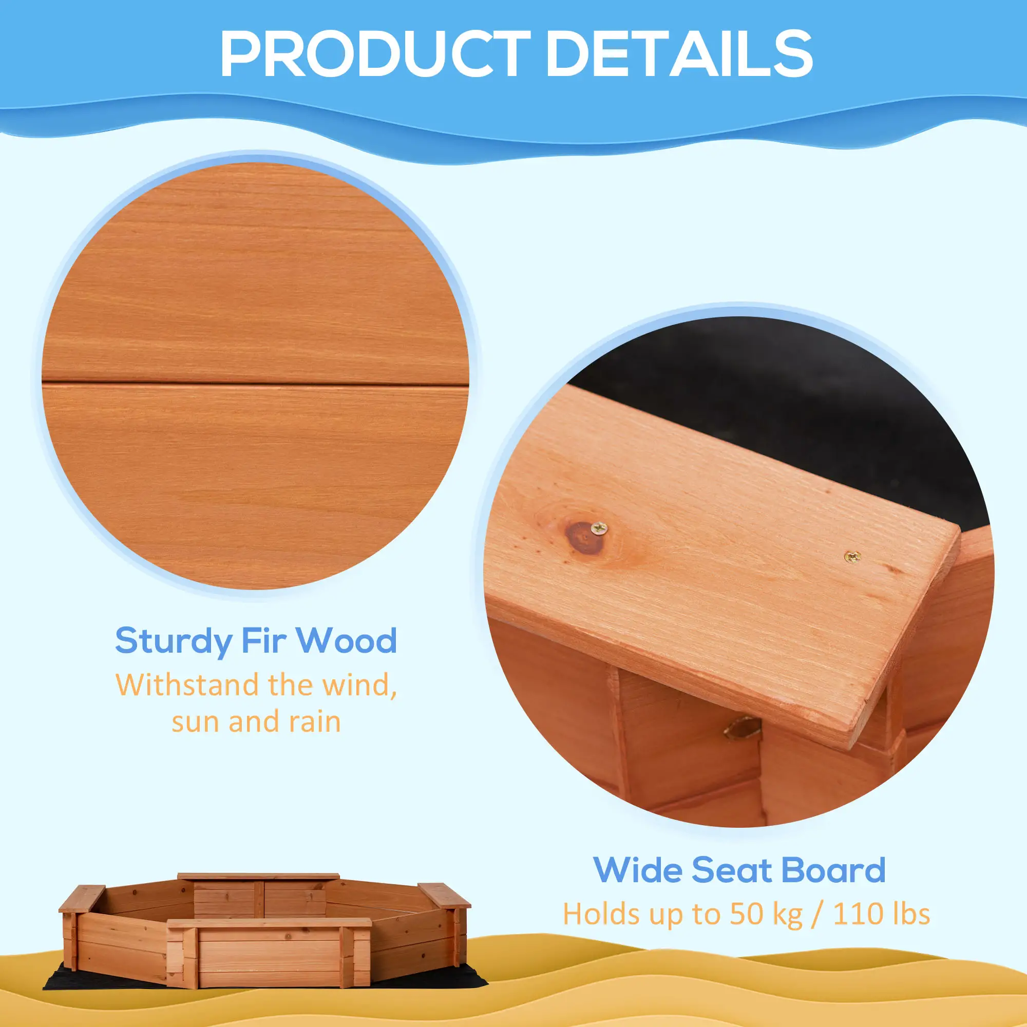 Kids Sandbox with Cover, Seat, 55" x 55" x 8.5", Red - Image 7