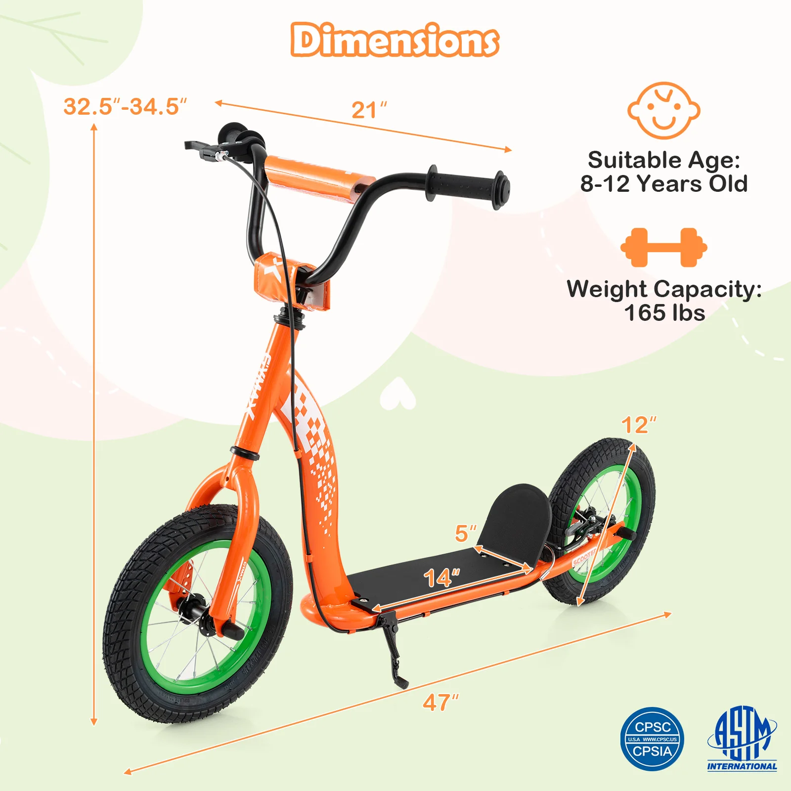 Kids Scooter, Adjustable Height, 12-Inch Wheels, Orange - Image 6