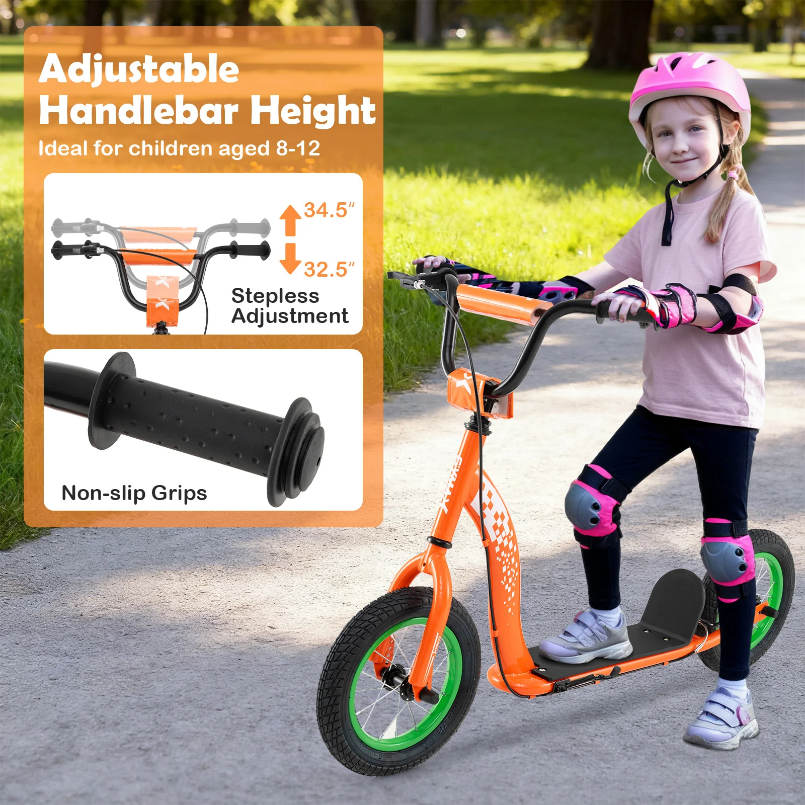Kids Scooter, Adjustable Height, 12-Inch Wheels, Orange - Image 8