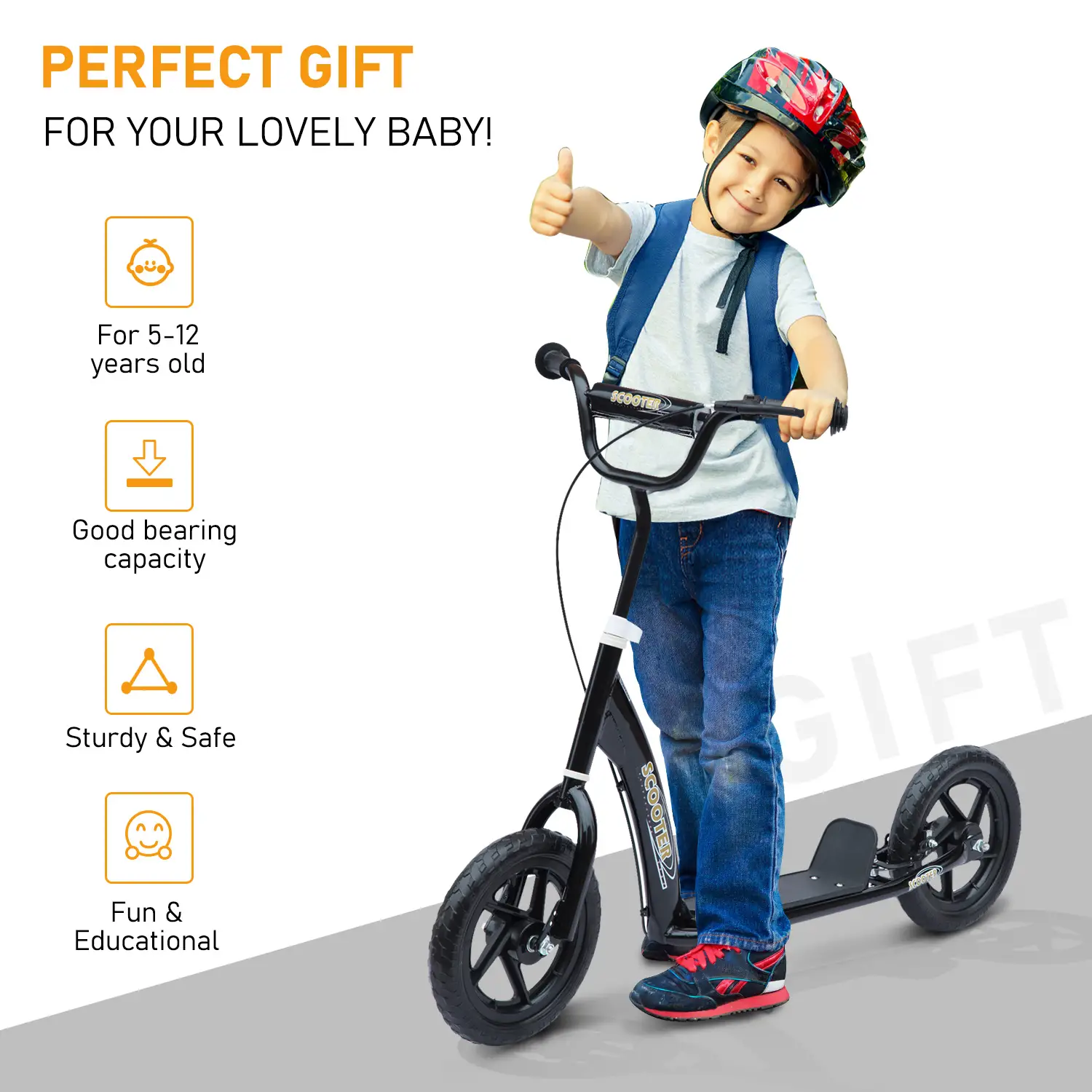 Kids Scooter, Street Bike, 12'' Tire, 5-12 Years, Black - Image 4