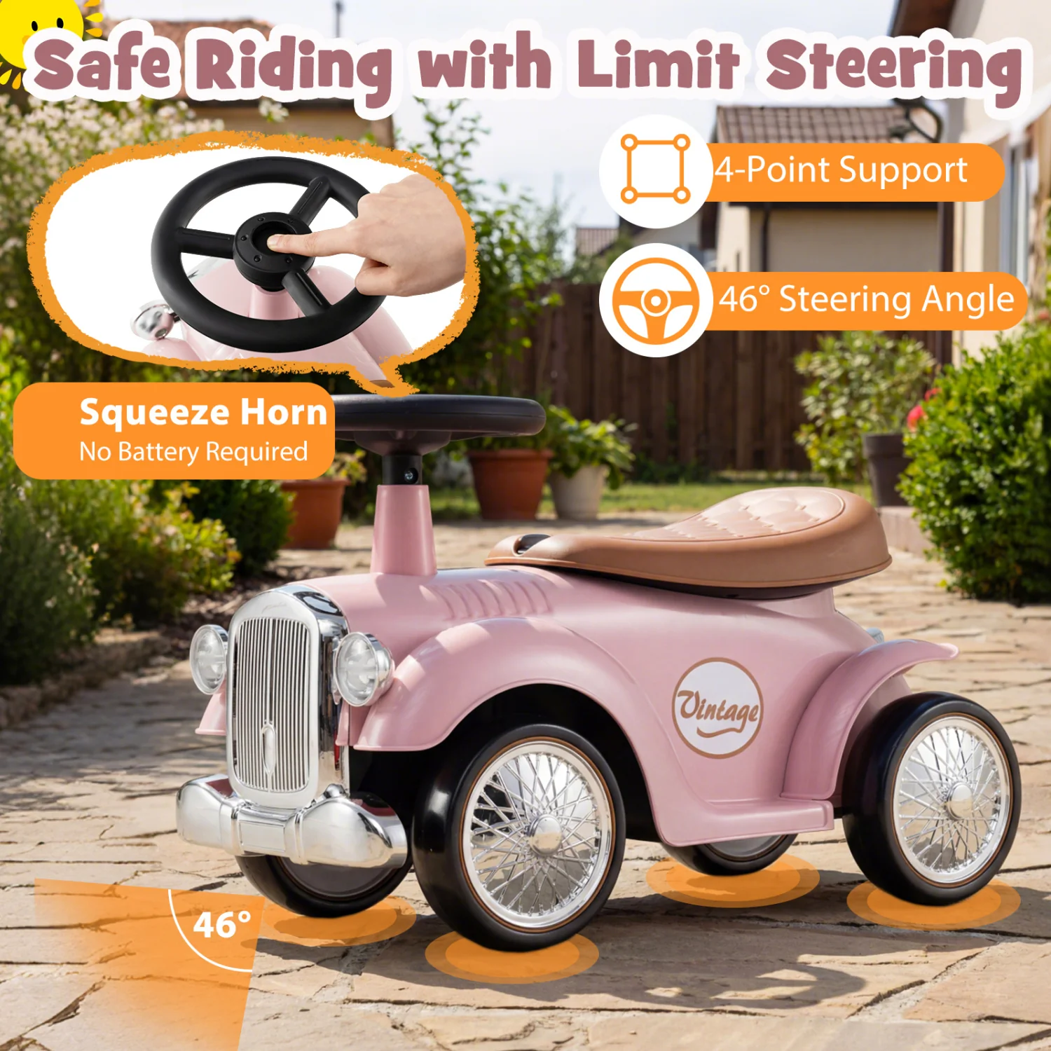 Kids Sit To Stand Vehicle, Working Steering Wheel, Under Seat Storage, Pink - Image 8