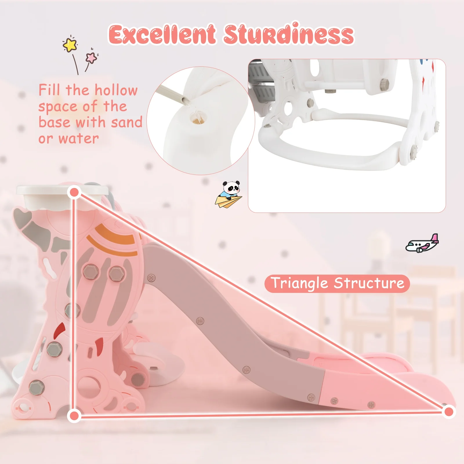 Kids Slide Swing Set With Basketball Hoop, Pink - Image 10