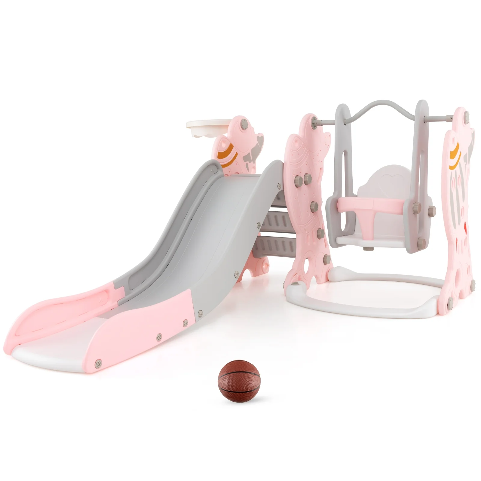Kids Slide Swing Set With Basketball Hoop, Pink - Image 3