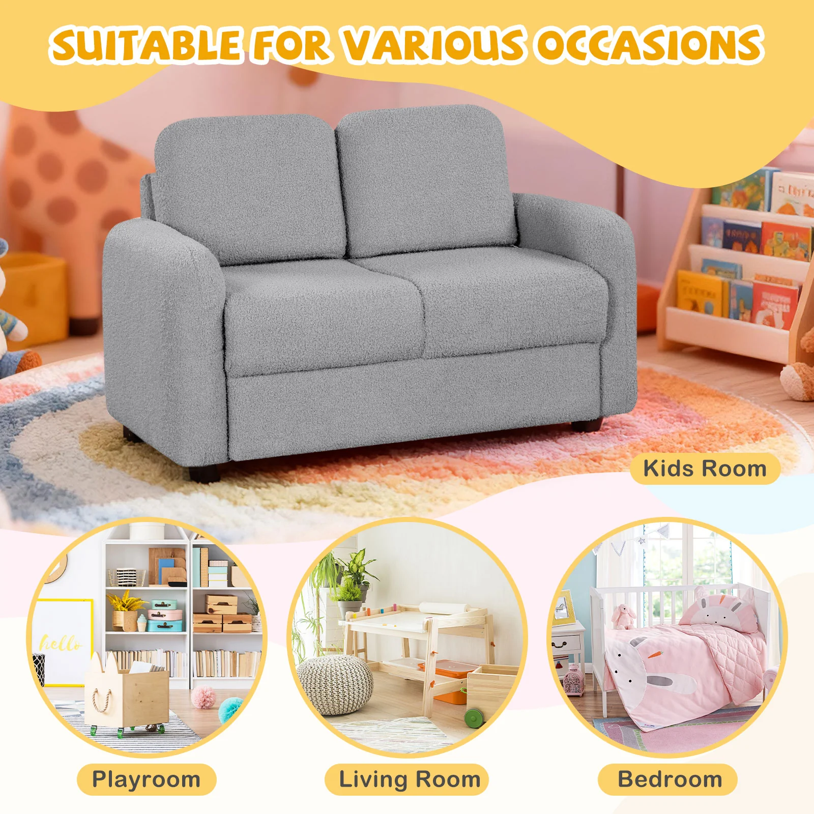 Kids Sofa, 2-Seat, Soft Teddy Fleece, Solid Wood Frame, Gray - Image 10