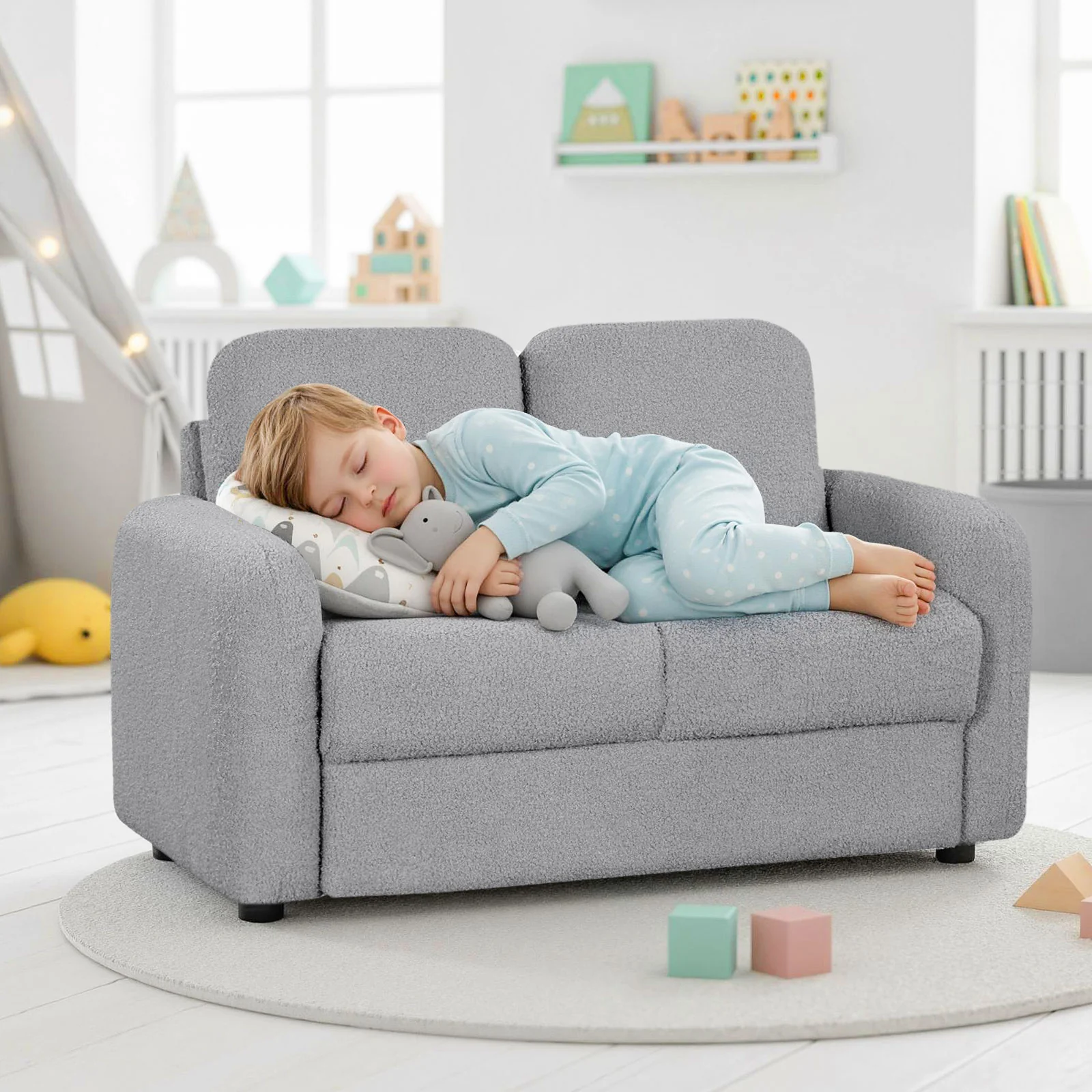 Kids Sofa, 2-Seat, Soft Teddy Fleece, Solid Wood Frame, Gray - Image 2