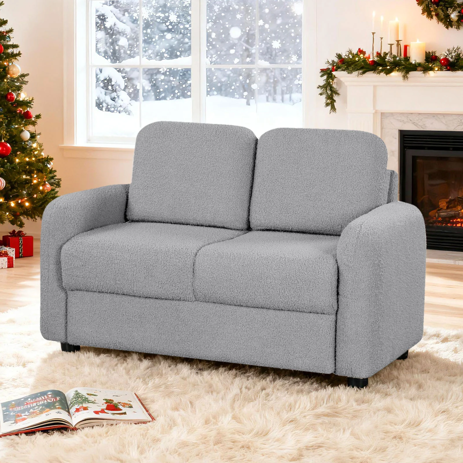 Kids Sofa, 2-Seat, Soft Teddy Fleece, Solid Wood Frame, Gray - Image 3