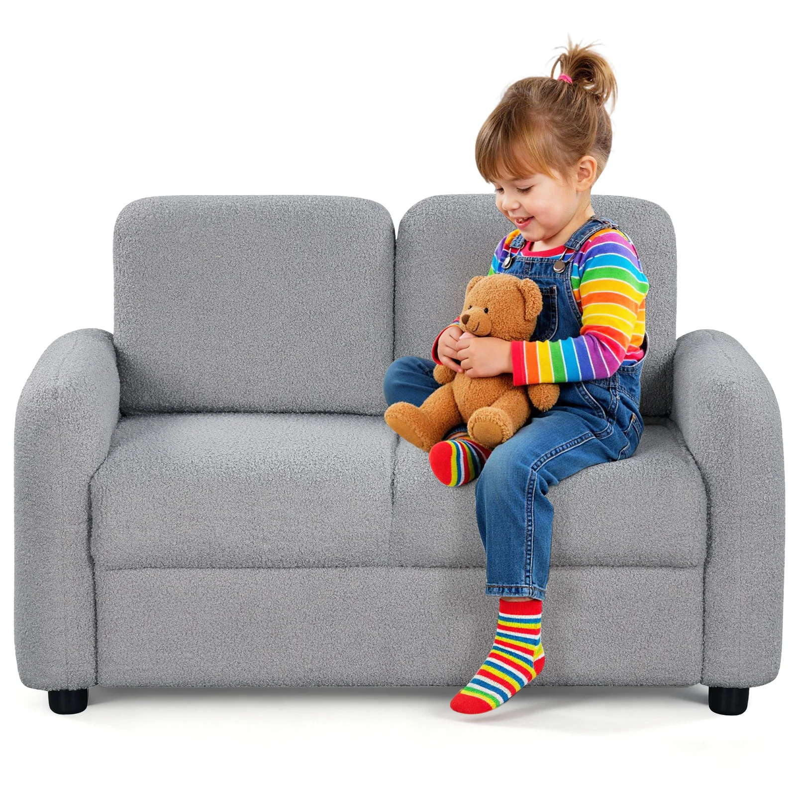 Kids Sofa, 2-Seat, Soft Teddy Fleece, Solid Wood Frame, Gray - Image 4
