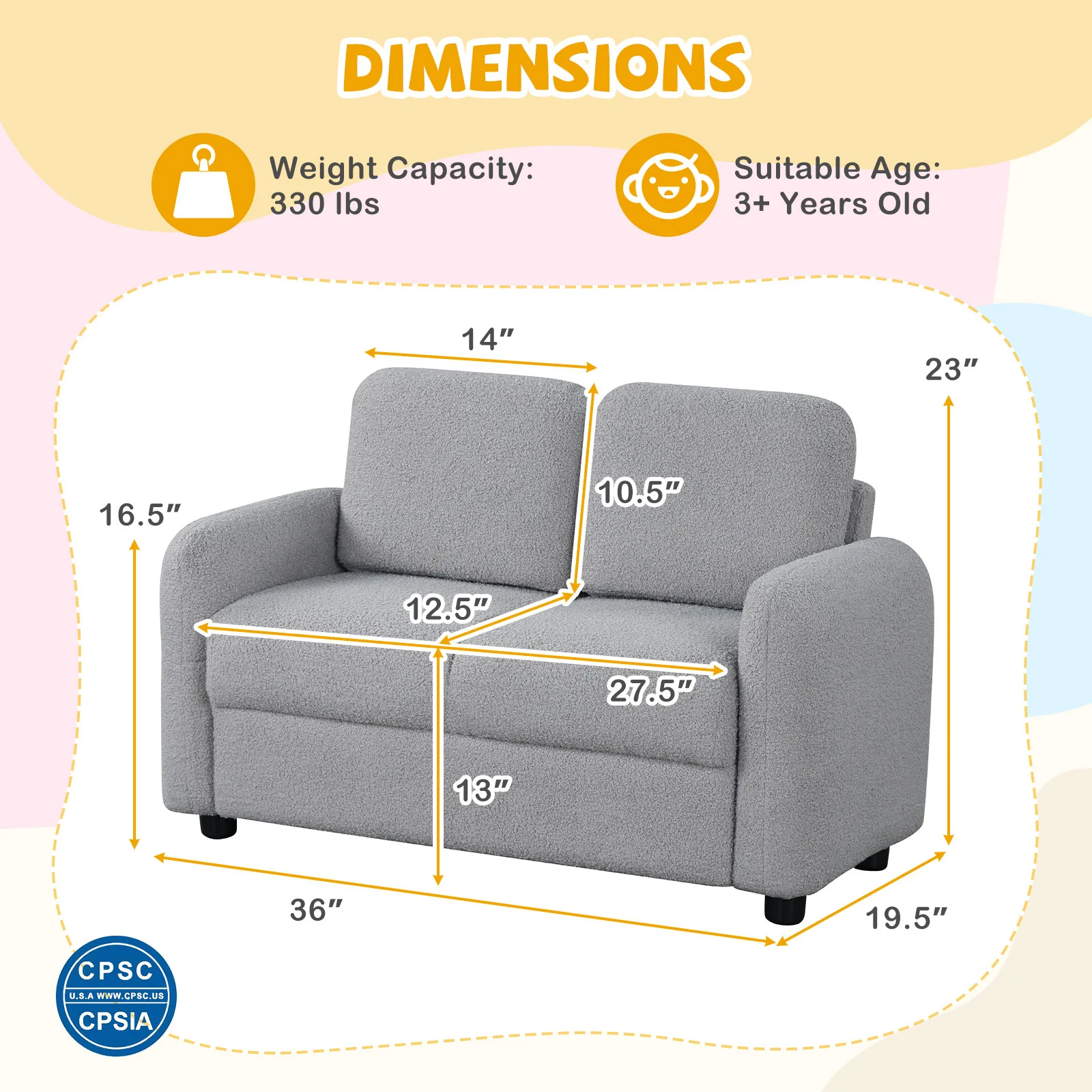 Kids Sofa, 2-Seat, Soft Teddy Fleece, Solid Wood Frame, Gray - Image 5