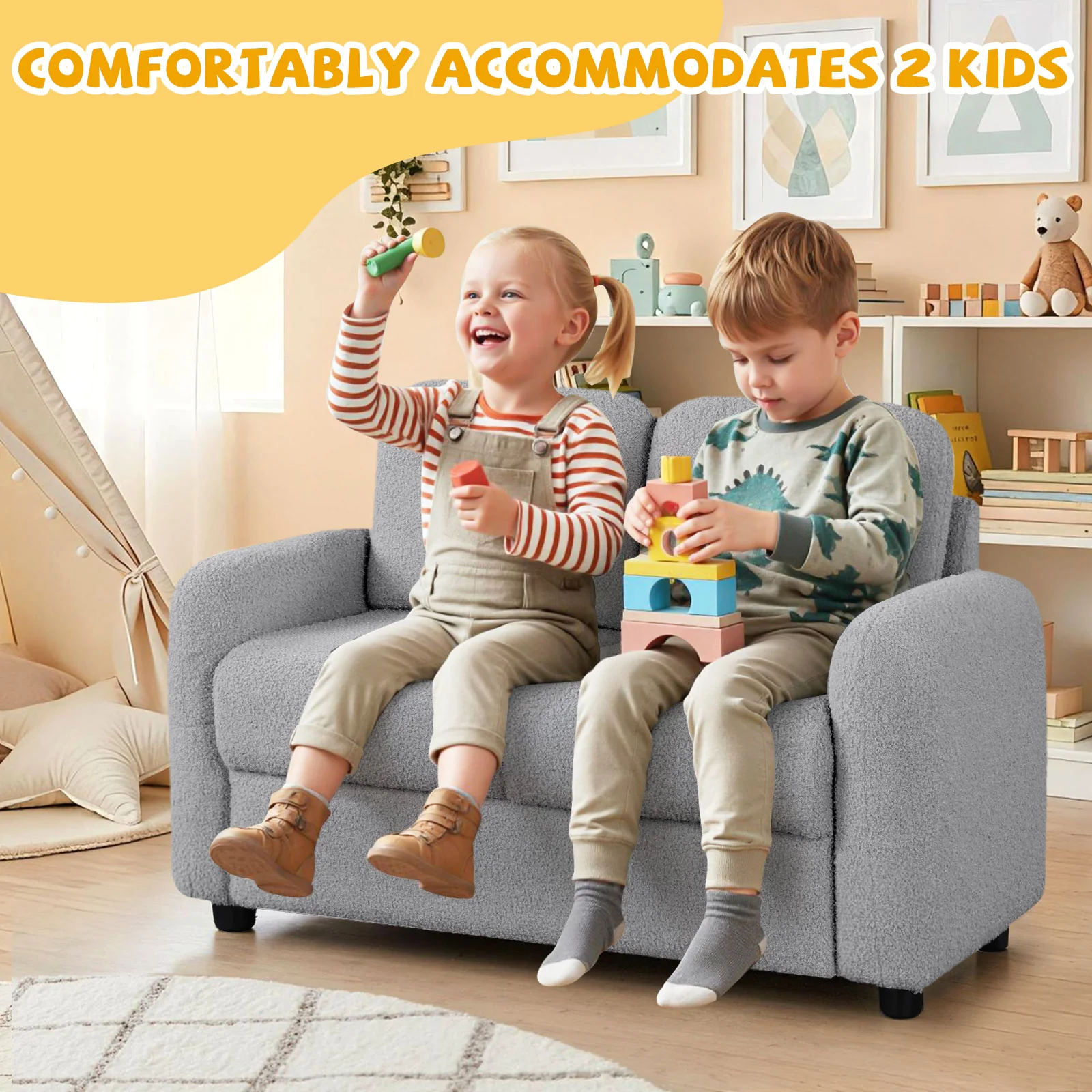 Kids Sofa, 2-Seat, Soft Teddy Fleece, Solid Wood Frame, Gray - Image 6