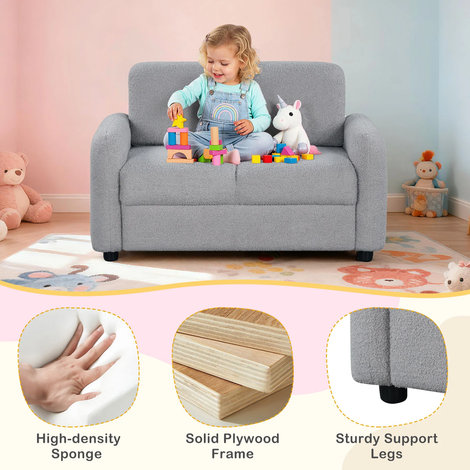 Kids Sofa, 2-Seat, Soft Teddy Fleece, Solid Wood Frame, Gray - Image 7