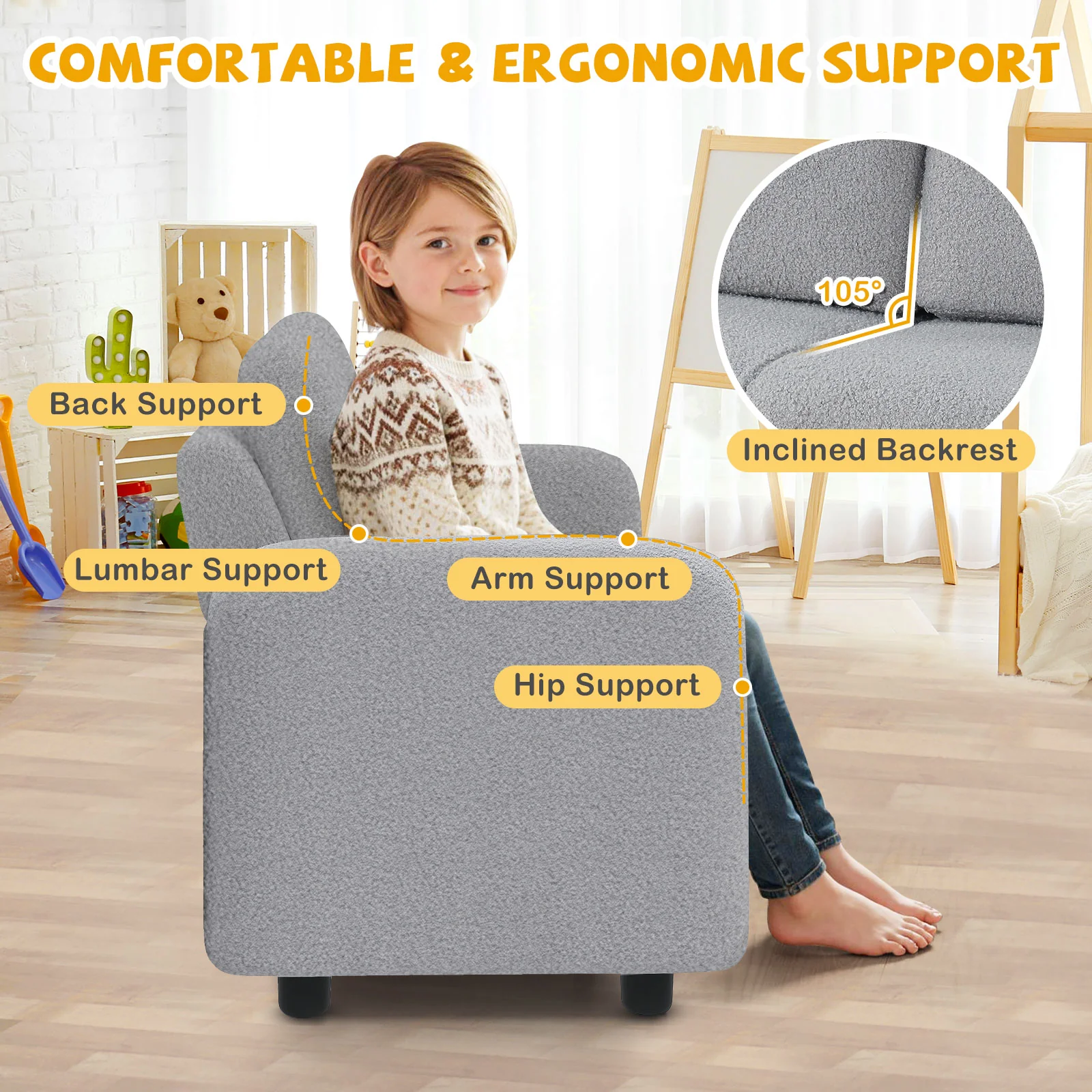 Kids Sofa, 2-Seat, Soft Teddy Fleece, Solid Wood Frame, Gray - Image 9