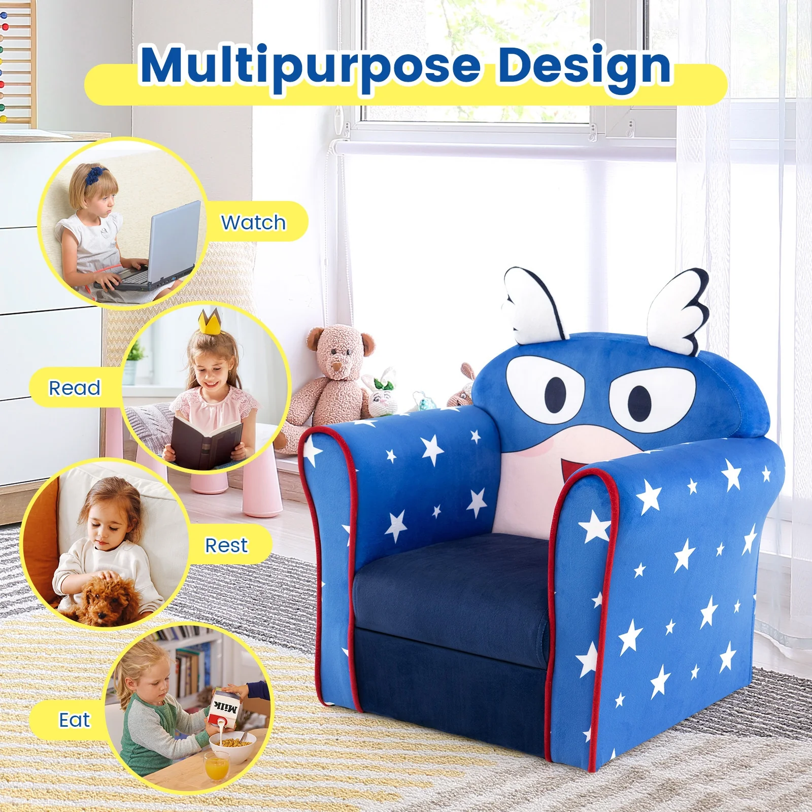 Kids Sofa With Armrest, Thick Cushion, Blue - Image 10