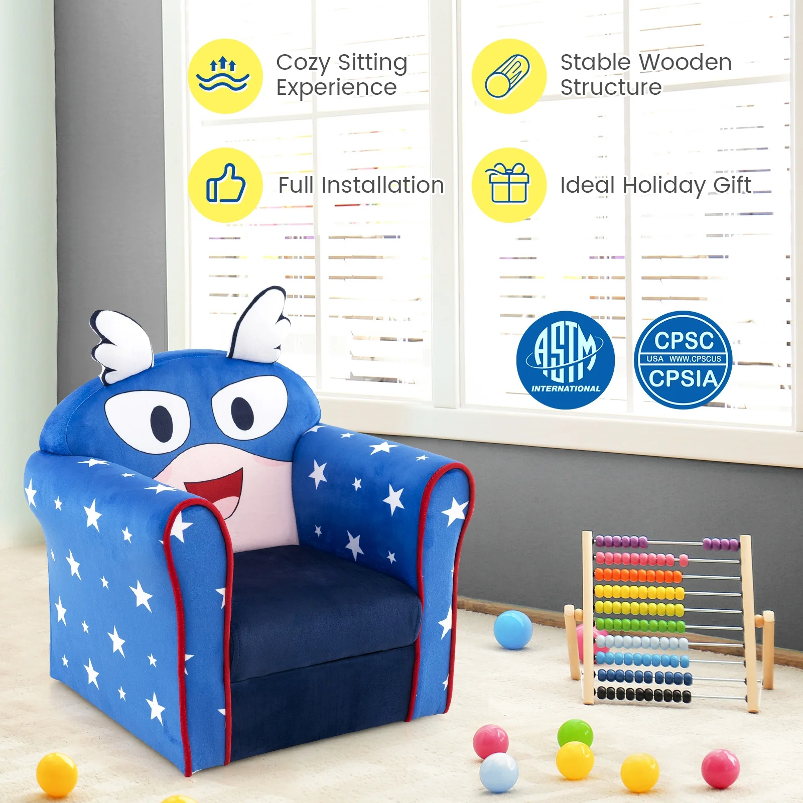 Kids Sofa With Armrest, Thick Cushion, Blue - Image 8