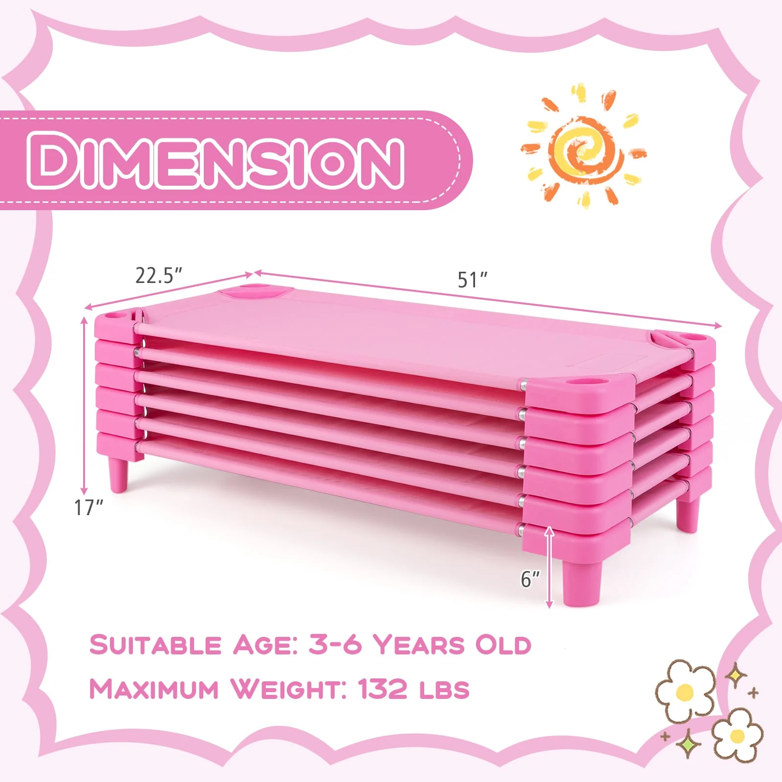 Kids Stackable Daycare Cot Pack Of 6, Detachable Oxford Cloth, Pink - Image 15