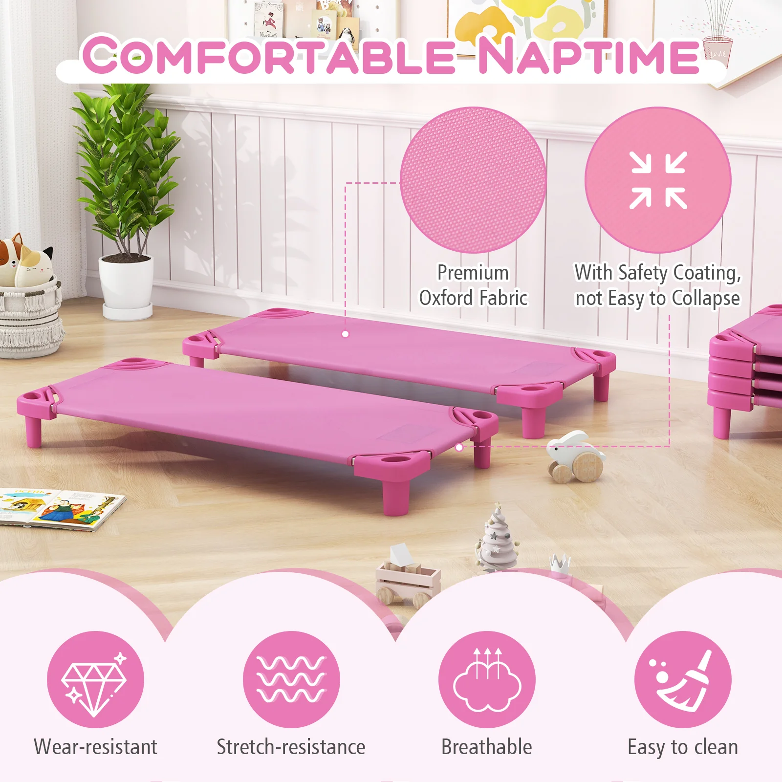 Kids Stackable Daycare Cot Pack Of 6, Detachable Oxford Cloth, Pink - Image 18