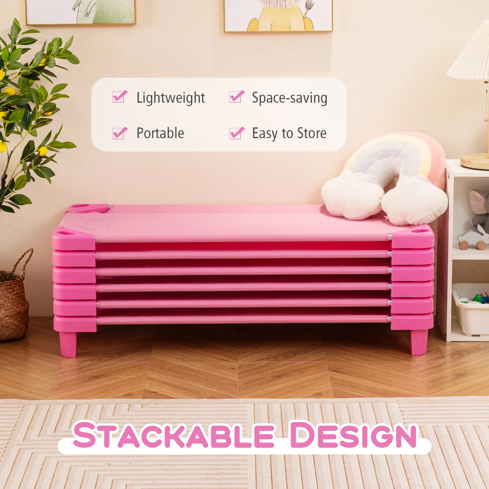 Kids Stackable Daycare Cot Pack Of 6, Detachable Oxford Cloth, Pink - Image 19