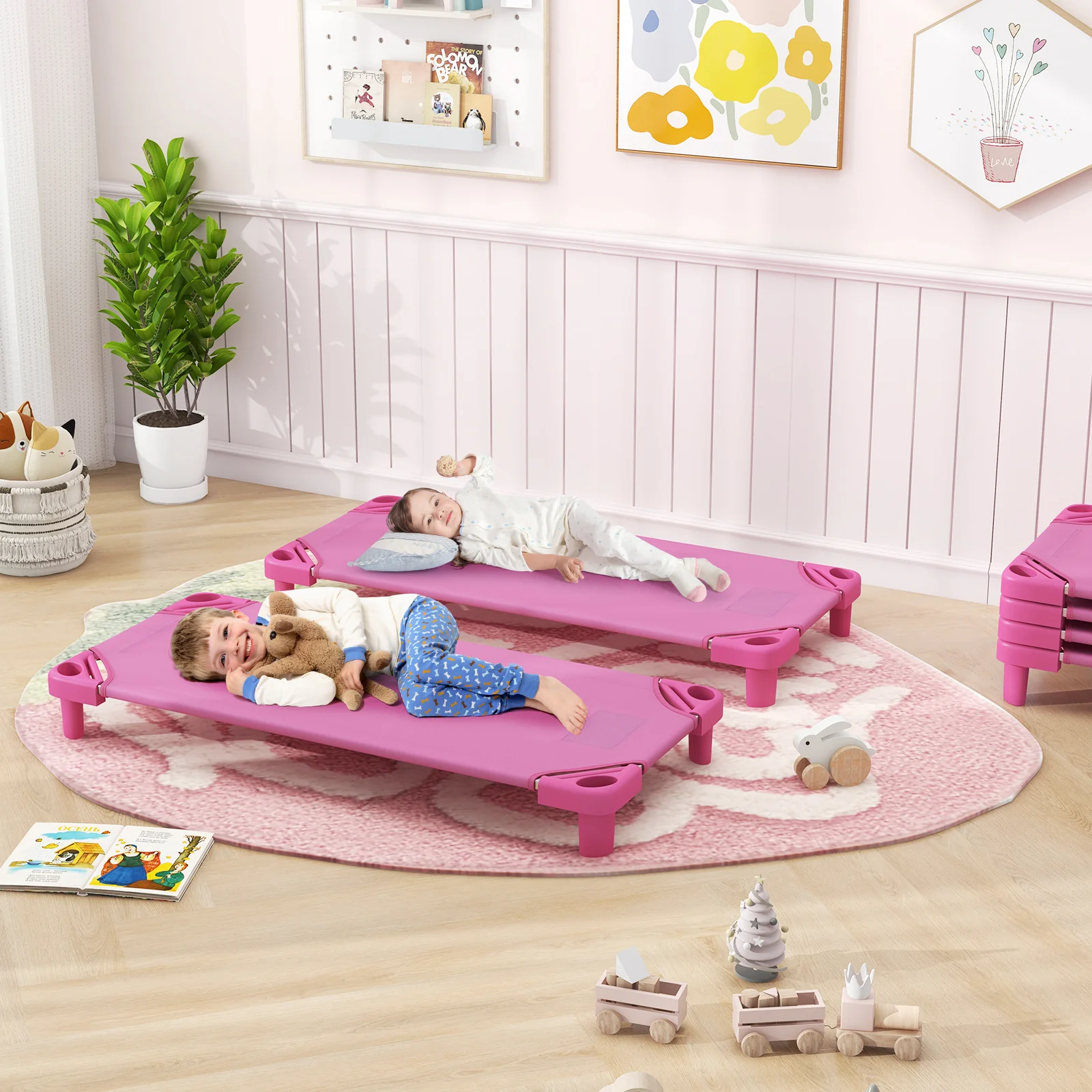 Kids Stackable Daycare Cot Pack Of 6, Detachable Oxford Cloth, Pink - Image 2