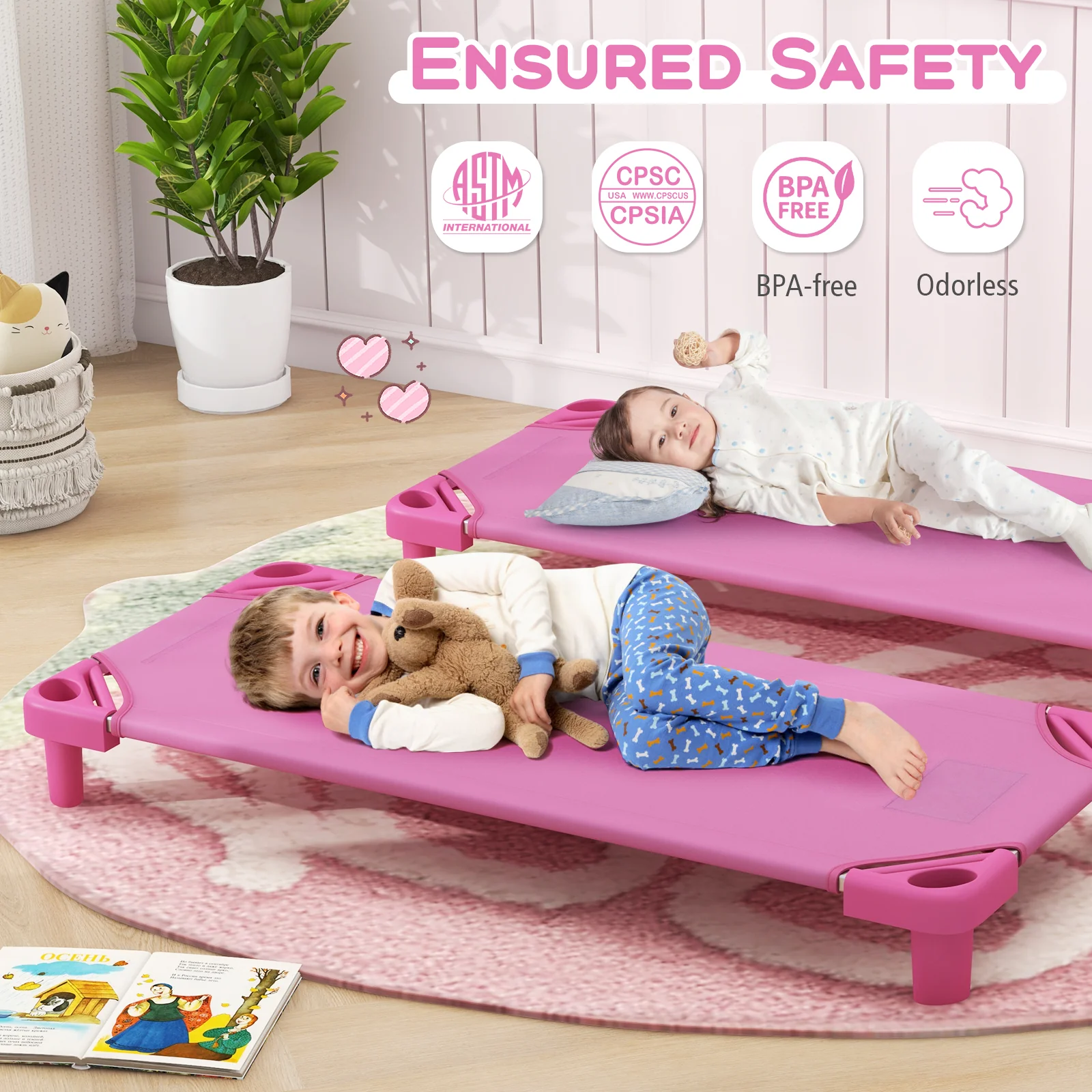 Kids Stackable Daycare Cot Pack Of 6, Detachable Oxford Cloth, Pink - Image 7