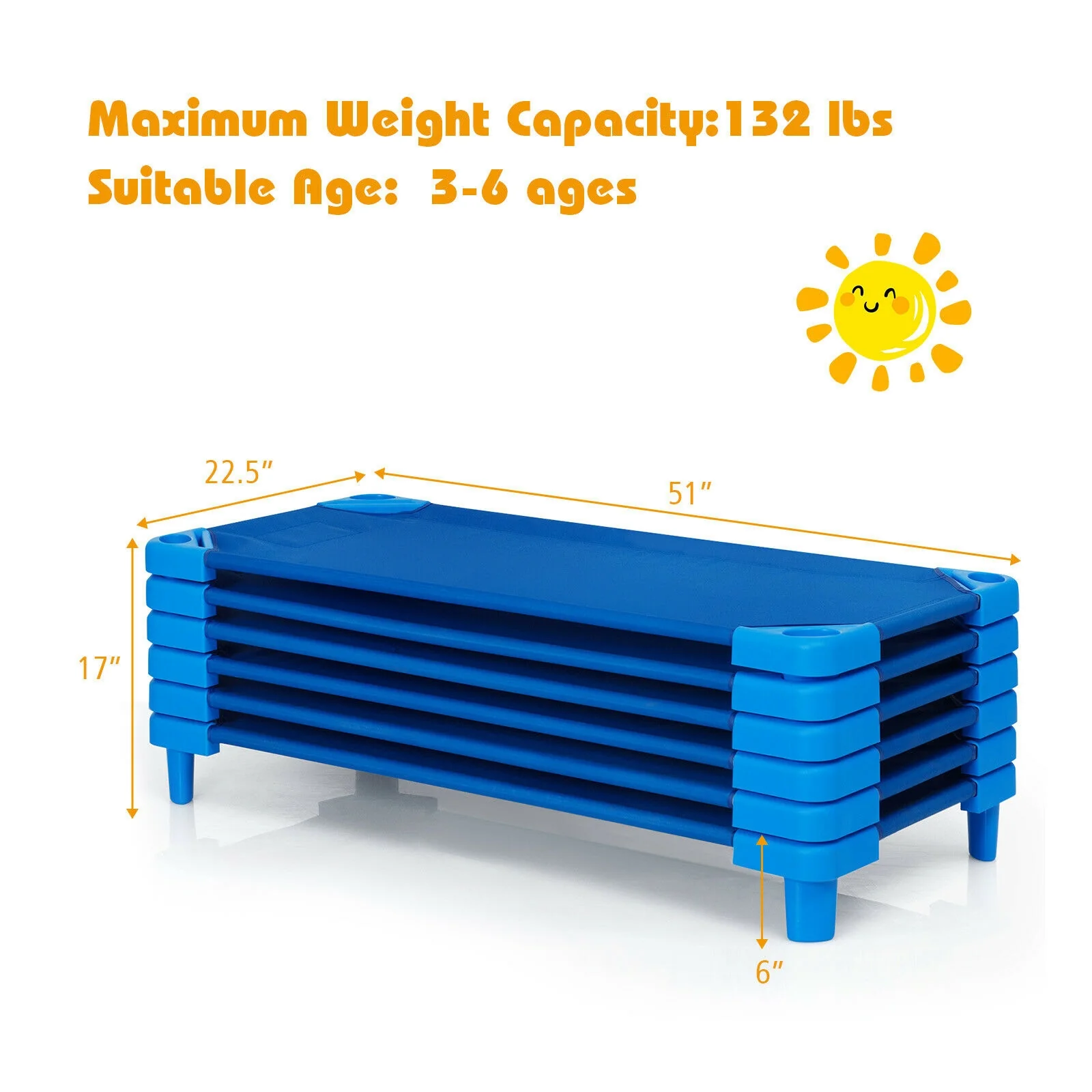 Kids Stackable Daycare Rest Mat, 52 Inch x 23 Inch, Pack of 6, Blue - Image 5