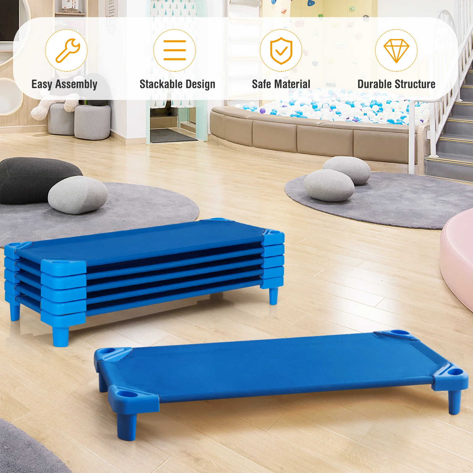 Kids Stackable Daycare Rest Mat, 52 Inch x 23 Inch, Pack of 6, Blue - Image 8