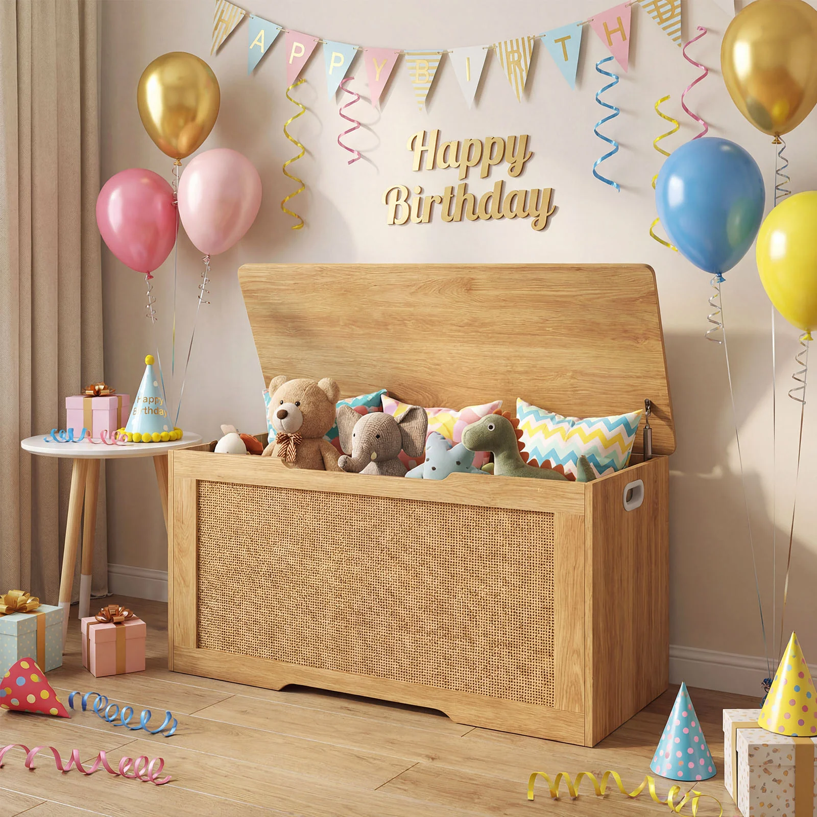 Kids Storage Bench, 40 Inch Toy Box, Flip Top, Handles, Natural - Image 2