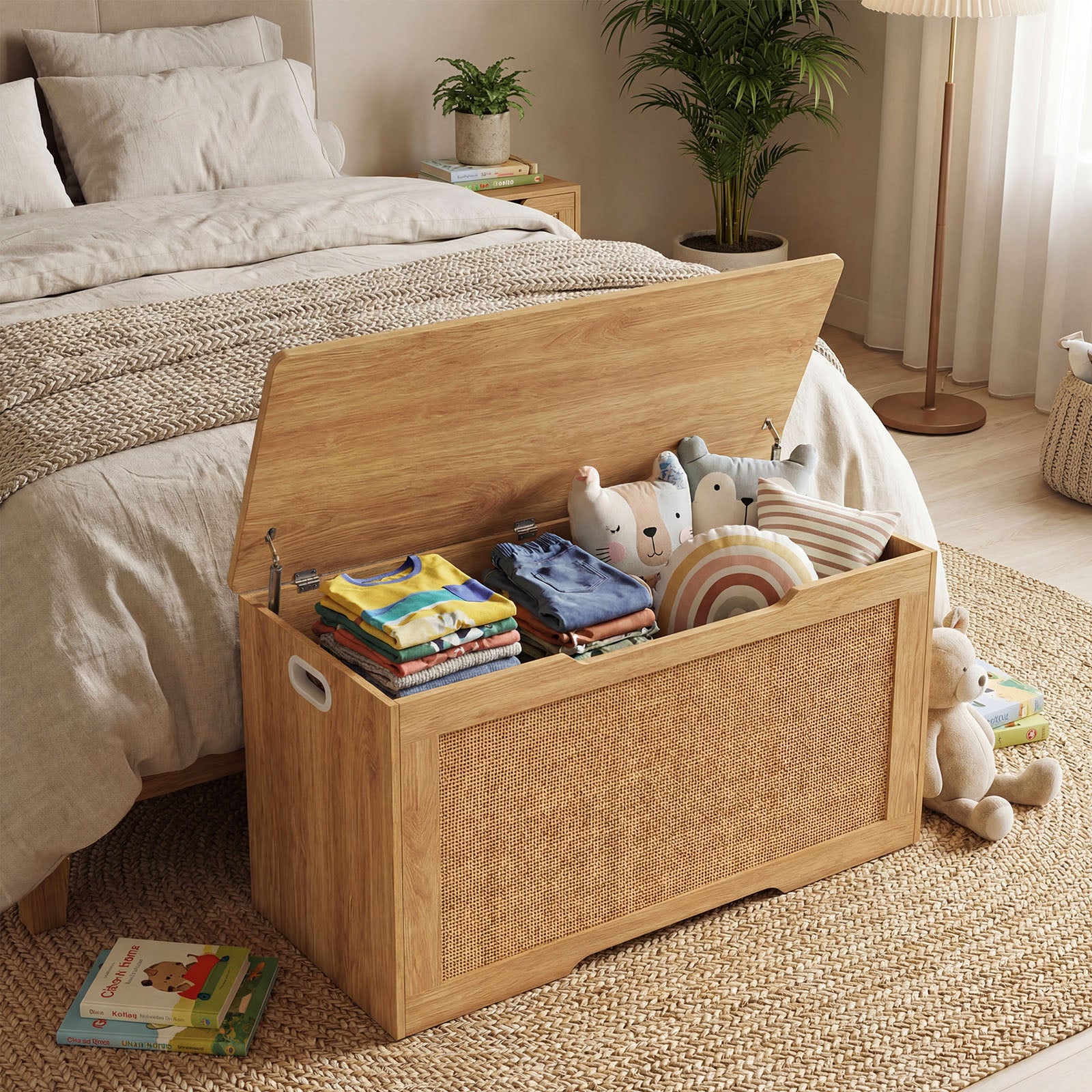 Kids Storage Bench, 40 Inch Toy Box, Flip Top, Handles, Natural - Image 3