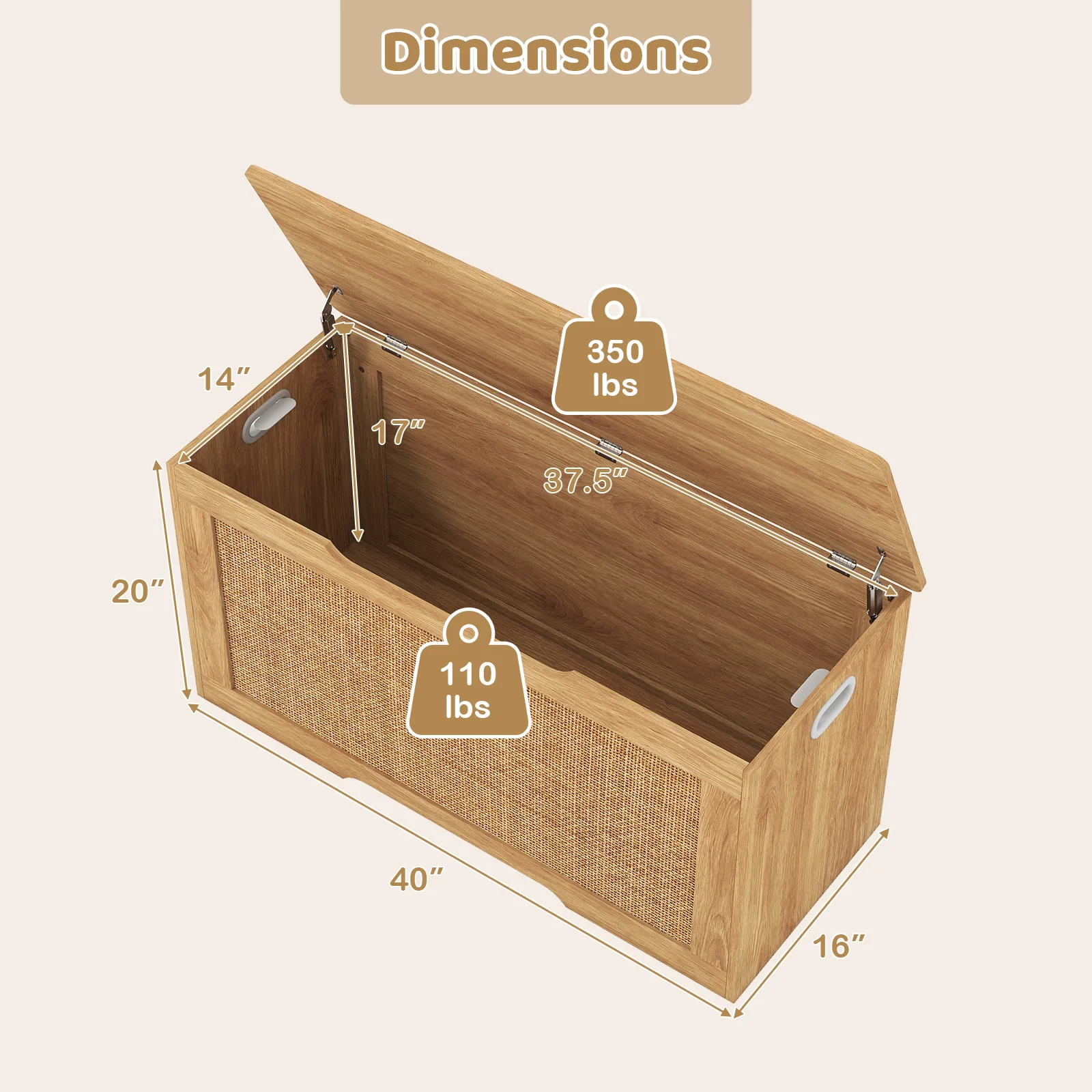 Kids Storage Bench, 40 Inch Toy Box, Flip Top, Handles, Natural - Image 4