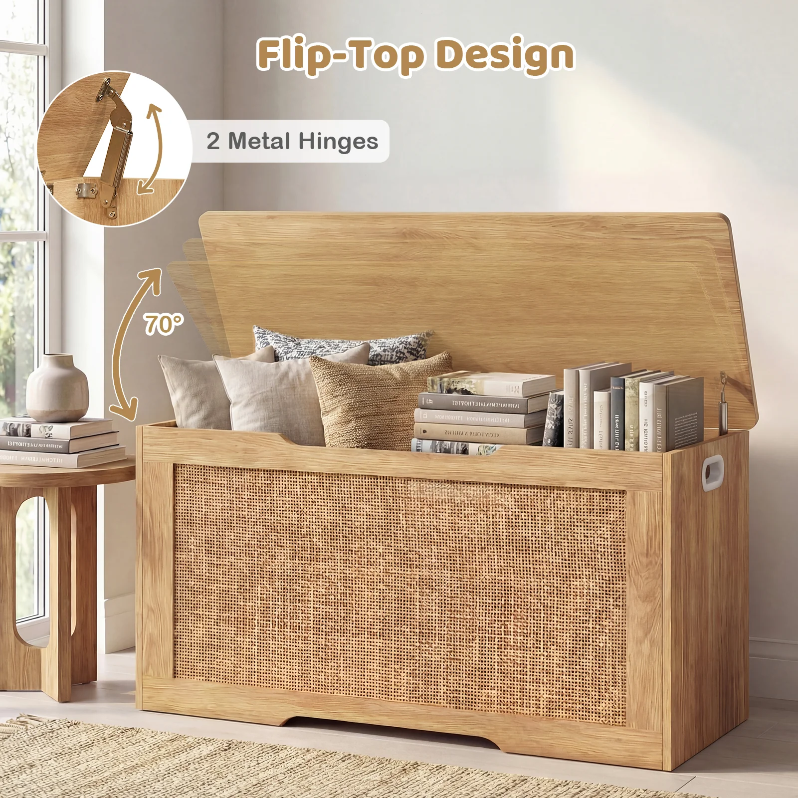 Kids Storage Bench, 40 Inch Toy Box, Flip Top, Handles, Natural - Image 7