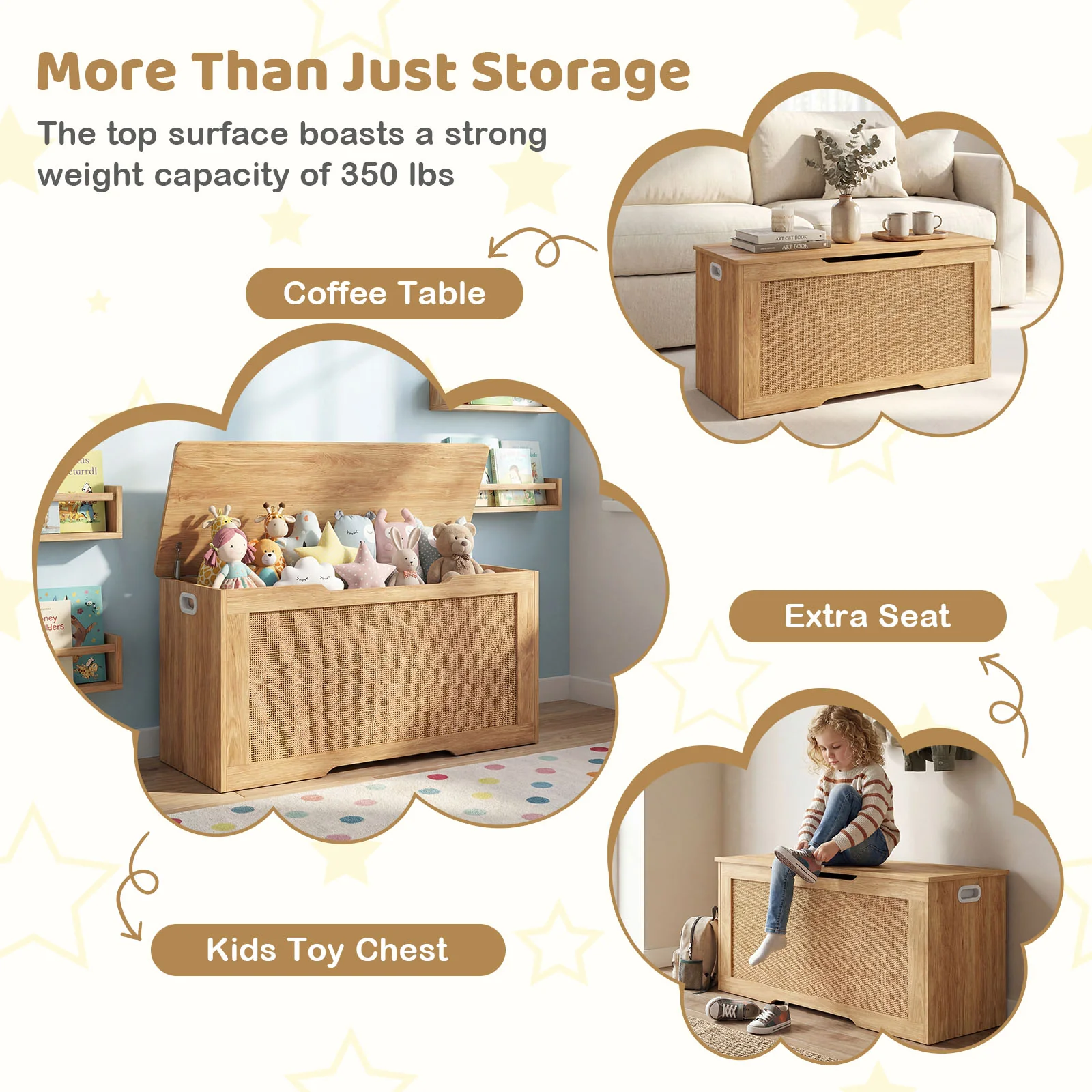 Kids Storage Bench, 40 Inch Toy Box, Flip Top, Handles, Natural - Image 8