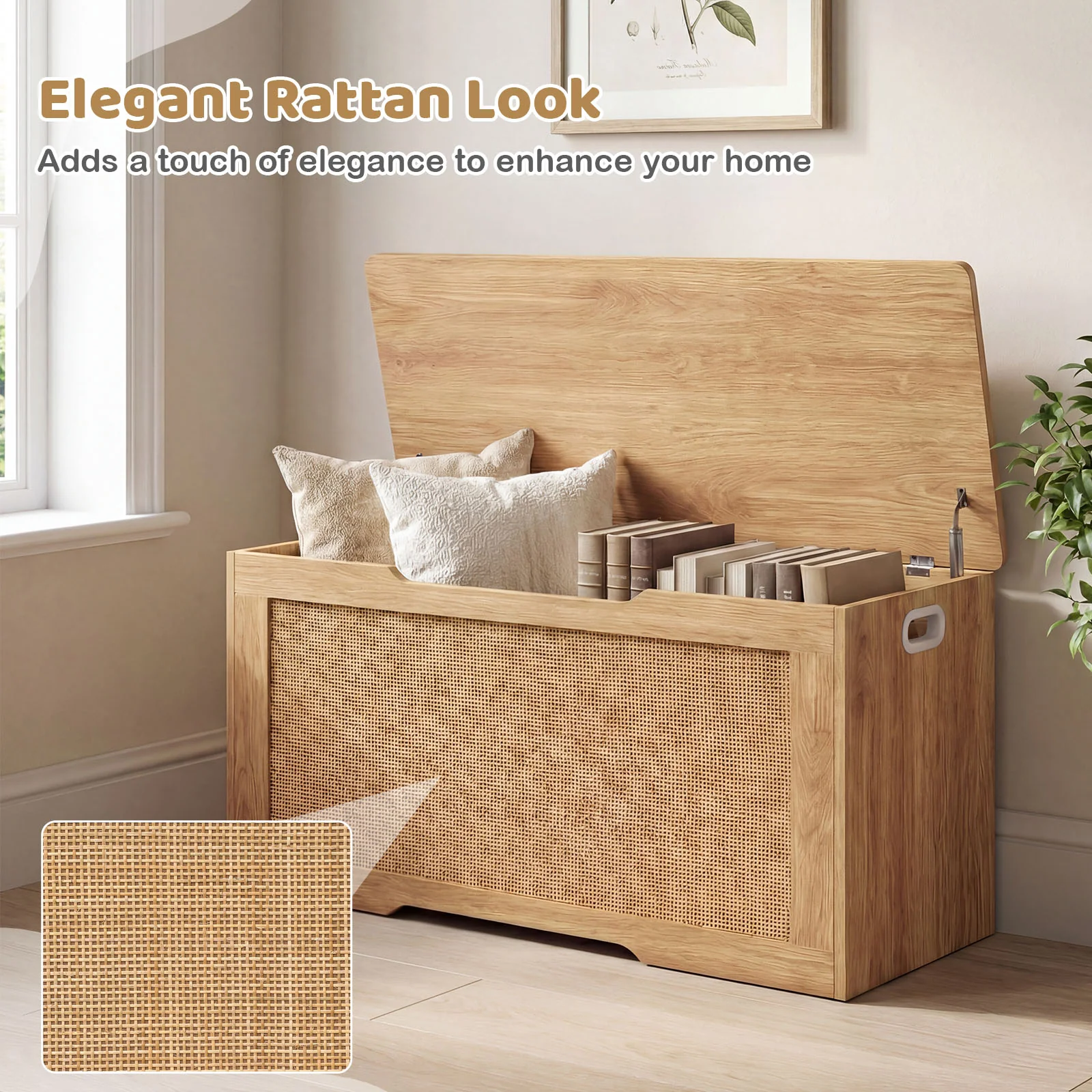 Kids Storage Bench, 40 Inch Toy Box, Flip Top, Handles, Natural - Image 9