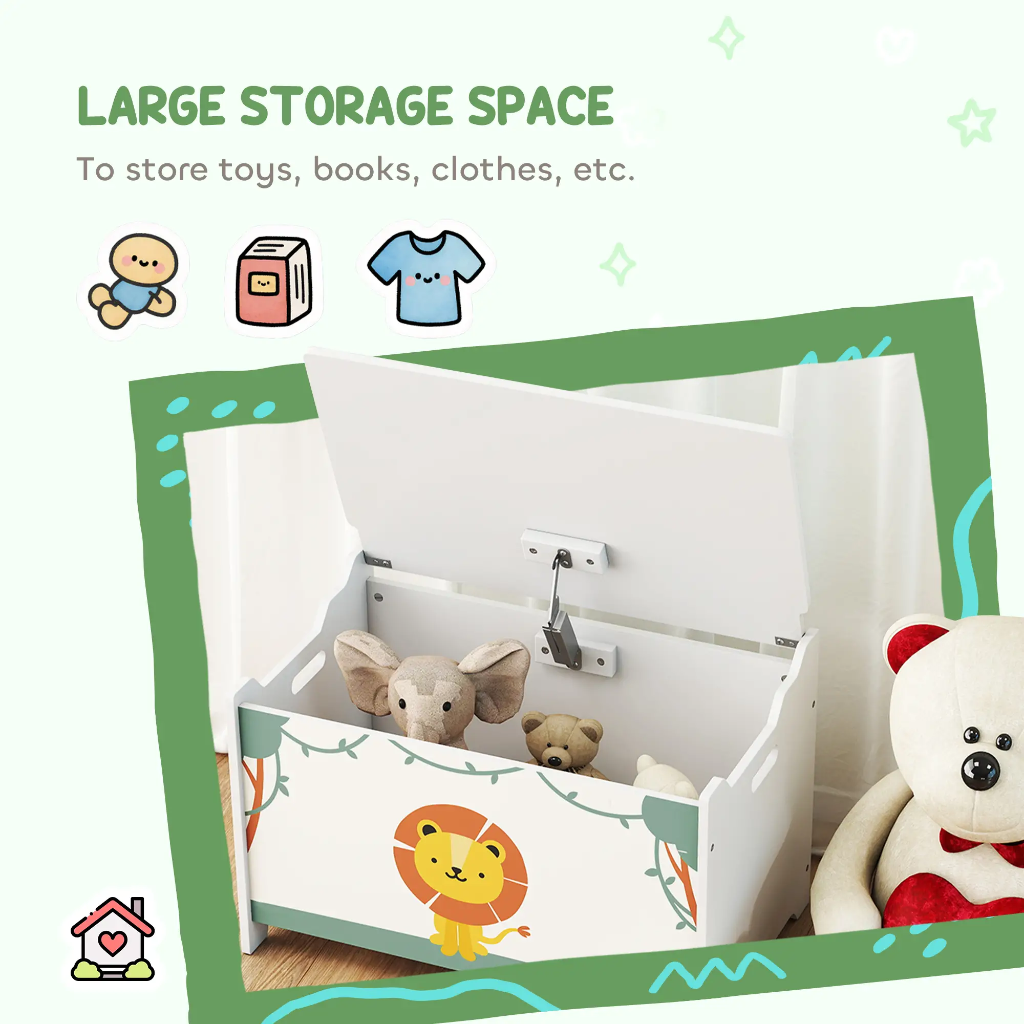 Kids Storage Chest with Lid, Safety Hinges, Green - Image 4