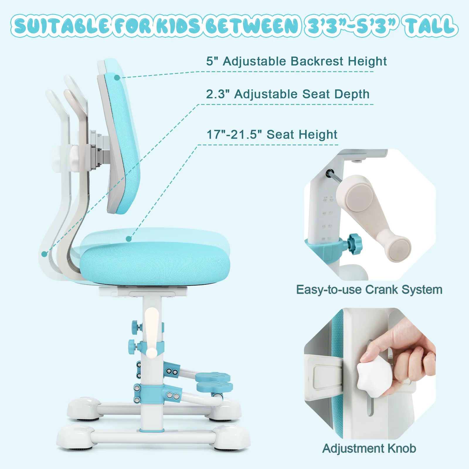 Kids Study Chair, Adjustable Double Backrest, Footrest, Blue - Image 8