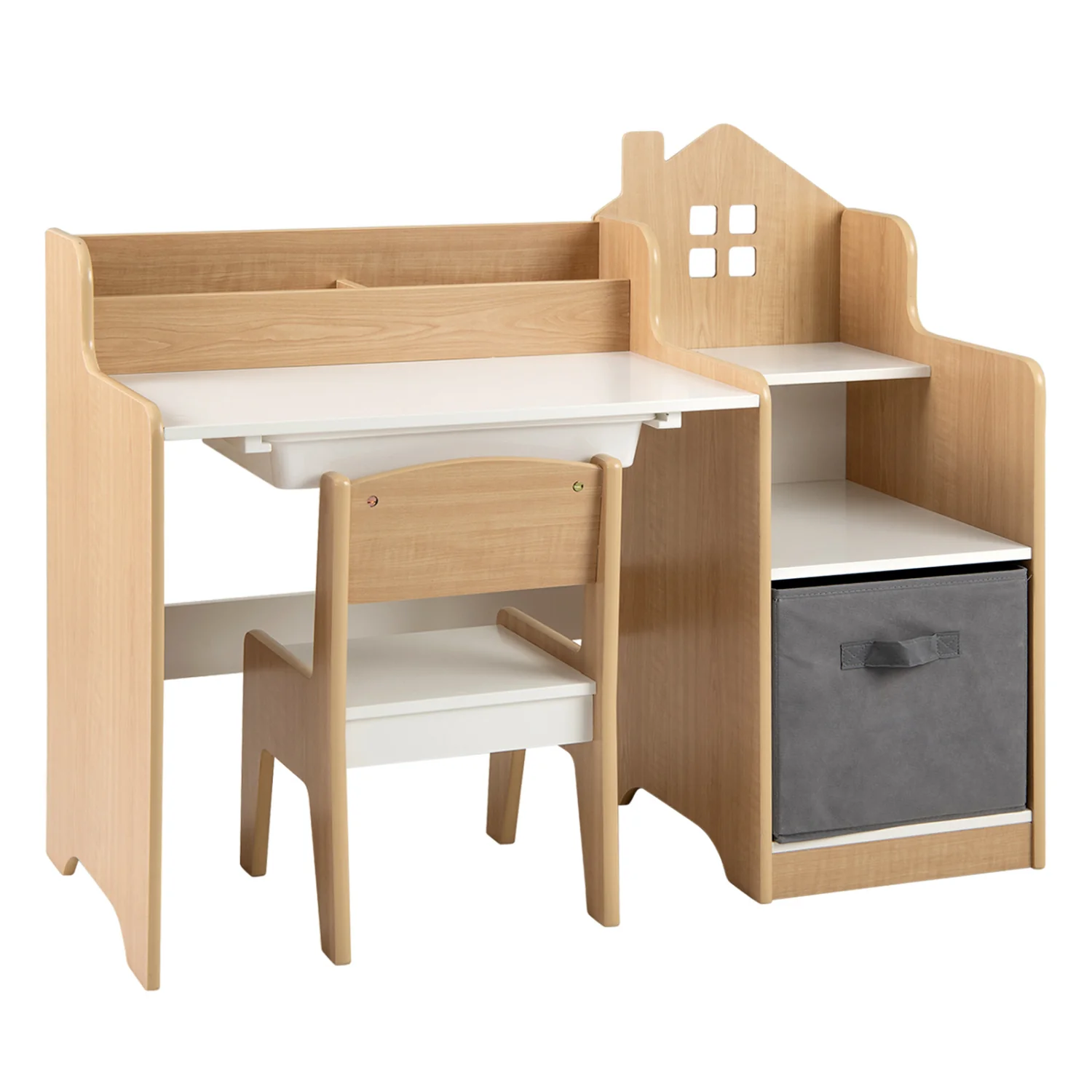 Kids Study Desk And Chair Set, Open Shelves Drawer, Fabric Storage Bin, Natural