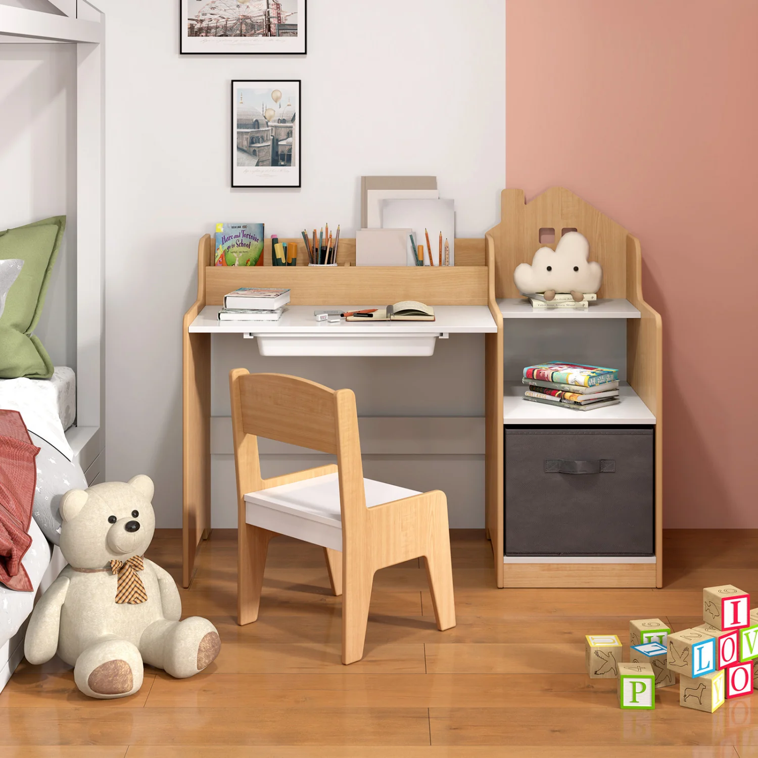 Kids Study Desk And Chair Set, Open Shelves Drawer, Fabric Storage Bin, Natural - Image 2
