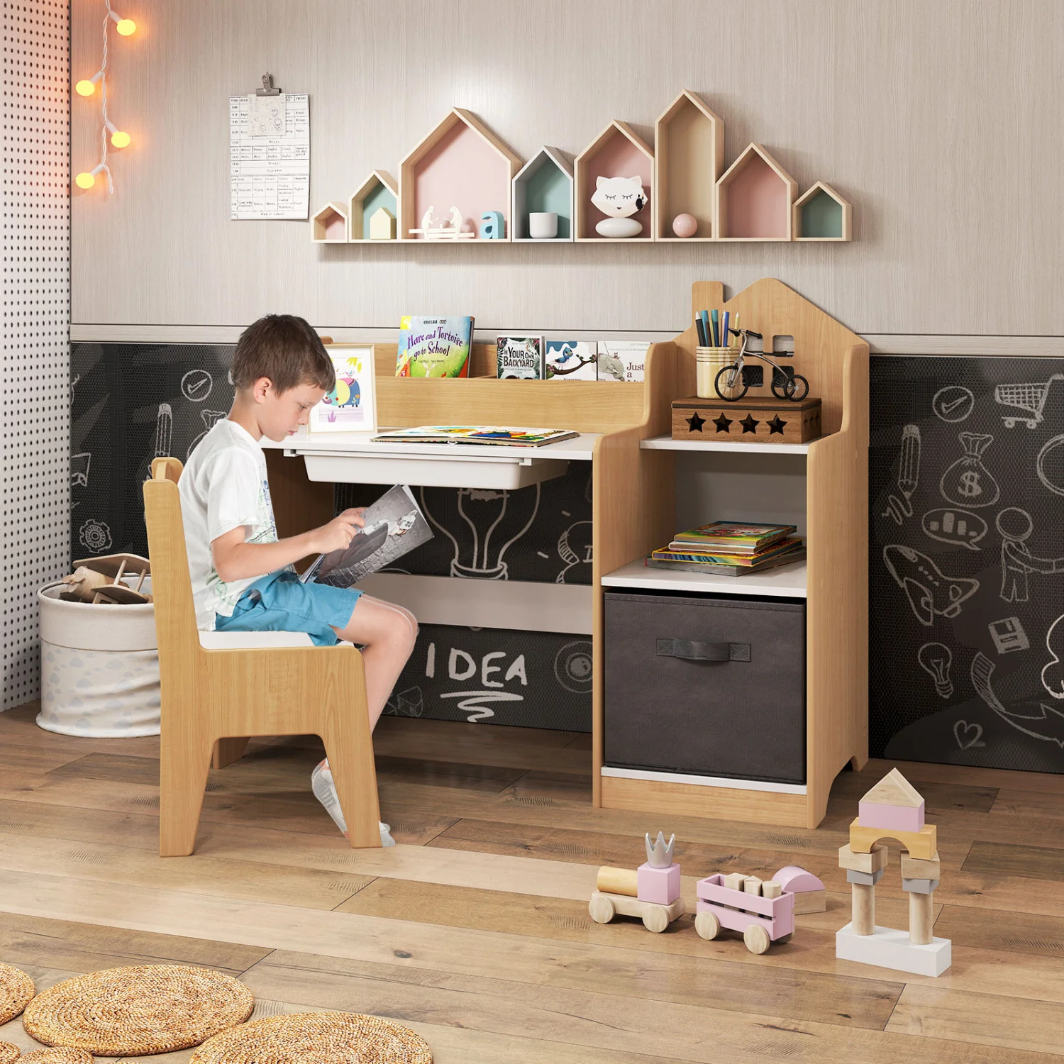 Kids Study Desk And Chair Set, Open Shelves Drawer, Fabric Storage Bin, Natural - Image 3